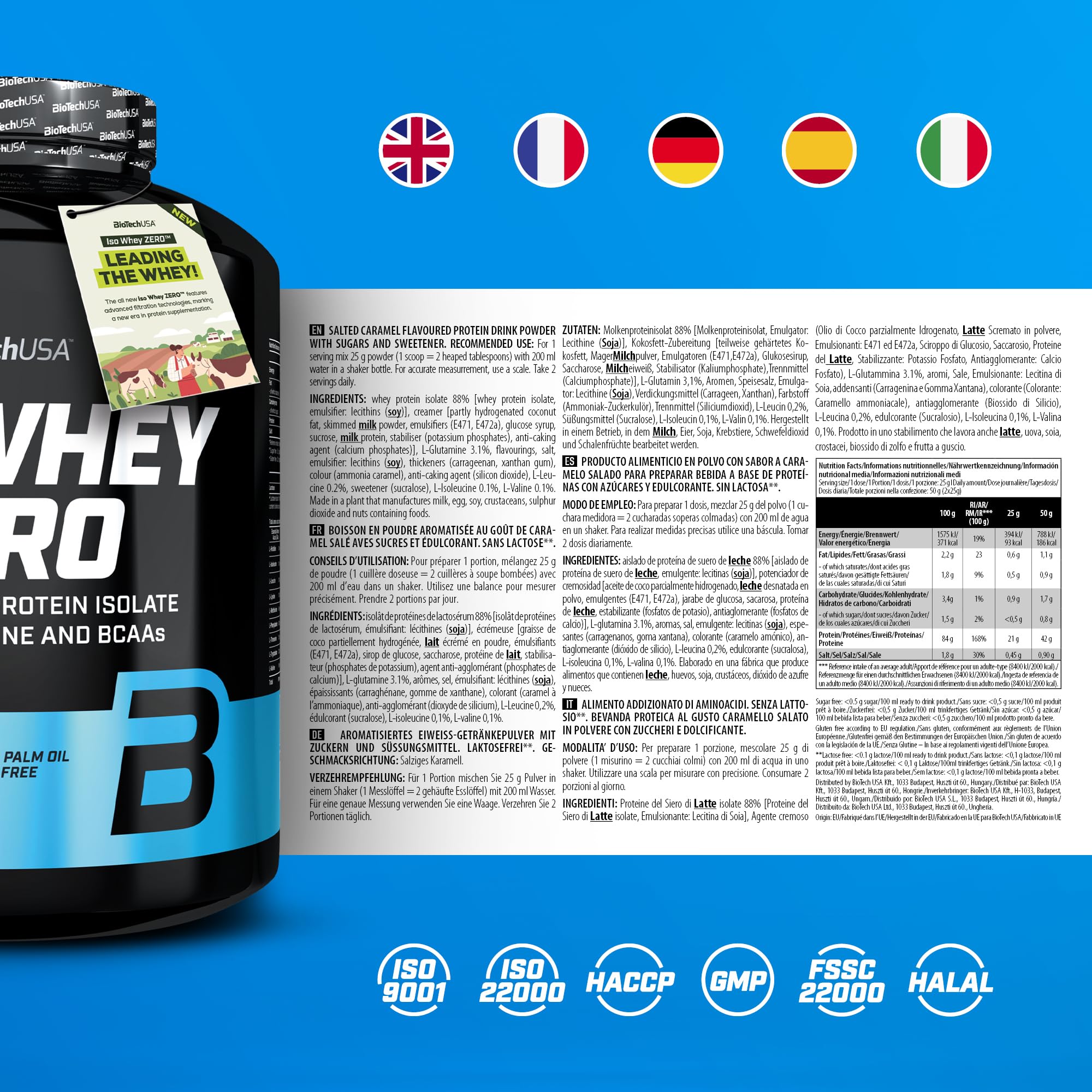 BioTechUSA Iso Whey Zero | Senza glutine, senza zucchero | A ridotto contenuto di lattosio | Proteine isolate del siero di latte premium, 2,27 kg, caramello salato