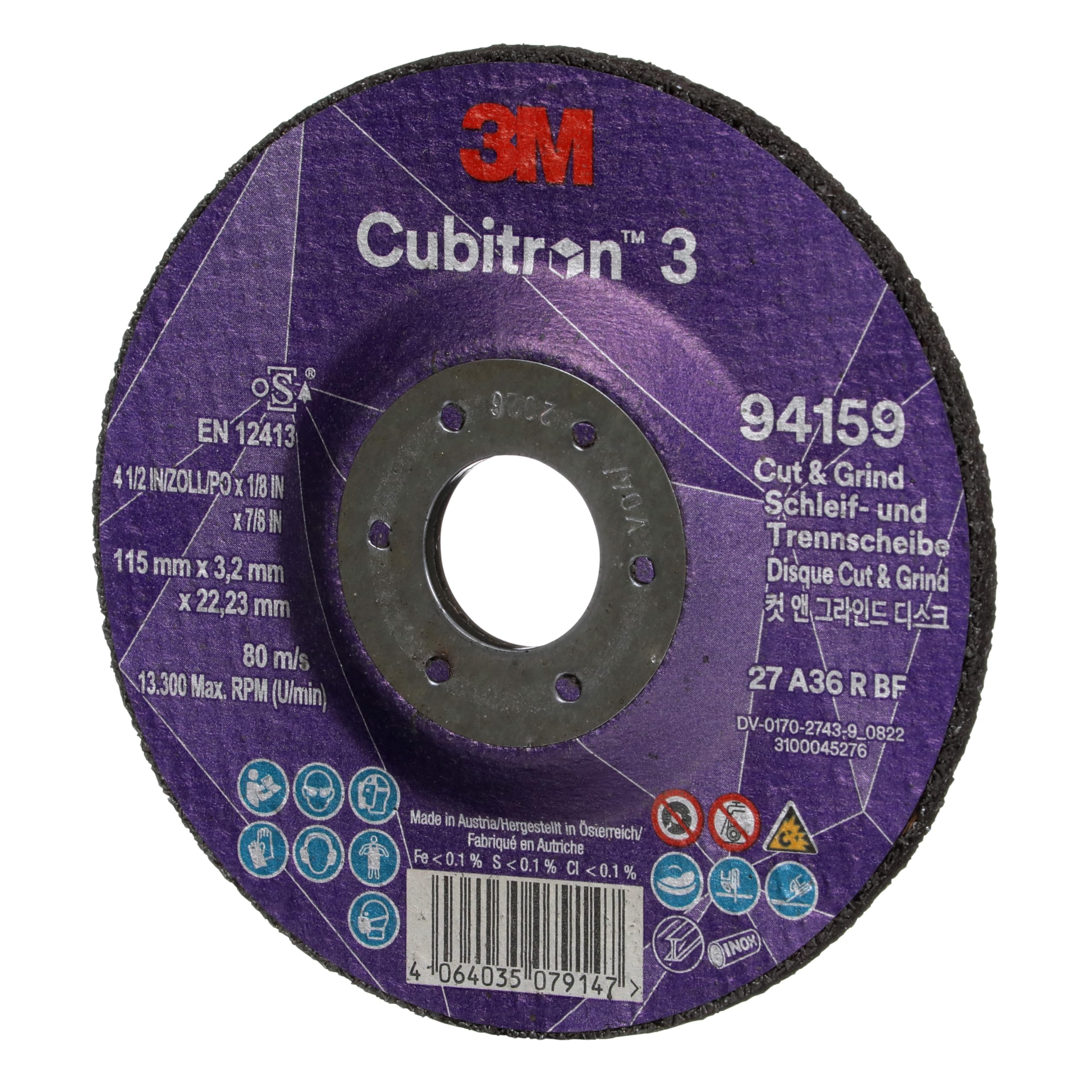 Disco Ibrido da Taglio e Sbavo 3M Cubitron 3, 94159, 36+, T27, 115 mm X 3.2 mm X 22.23 Mm, En, 10/Pack