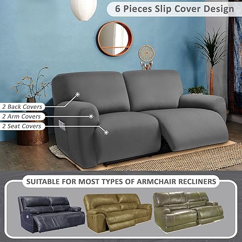 Miniatura 2 de ULTICOR Diseño de jacquard cuadrado extra ancho de 75 a 100 pulgadas, sofá reclinable de 2 plazas, funda de sofá reclinable extra ancha de 6 piezas,