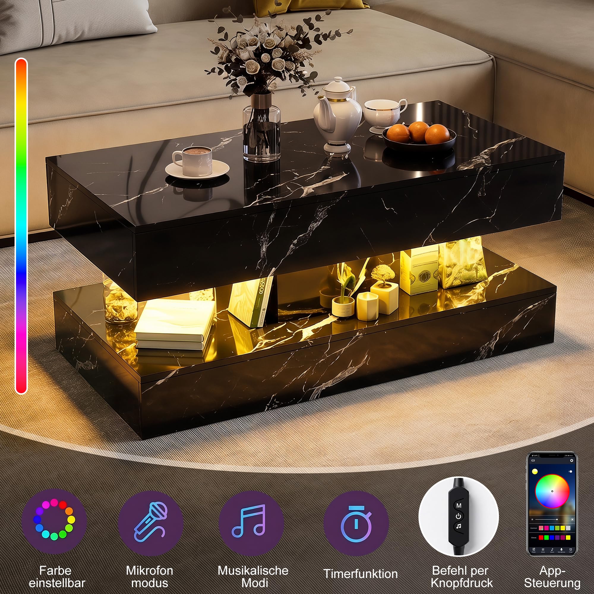 Couchtisch Hochglanz mit Led, Helligkeit und Farbe Einstellbar, Wohnzimmertisch Modern mit Stauraum, Kaffeetisch Wohnzimmer mit Offenem Ausstellungsregal und 2 Schubladen (Schwarz, 100 x 50 cm)