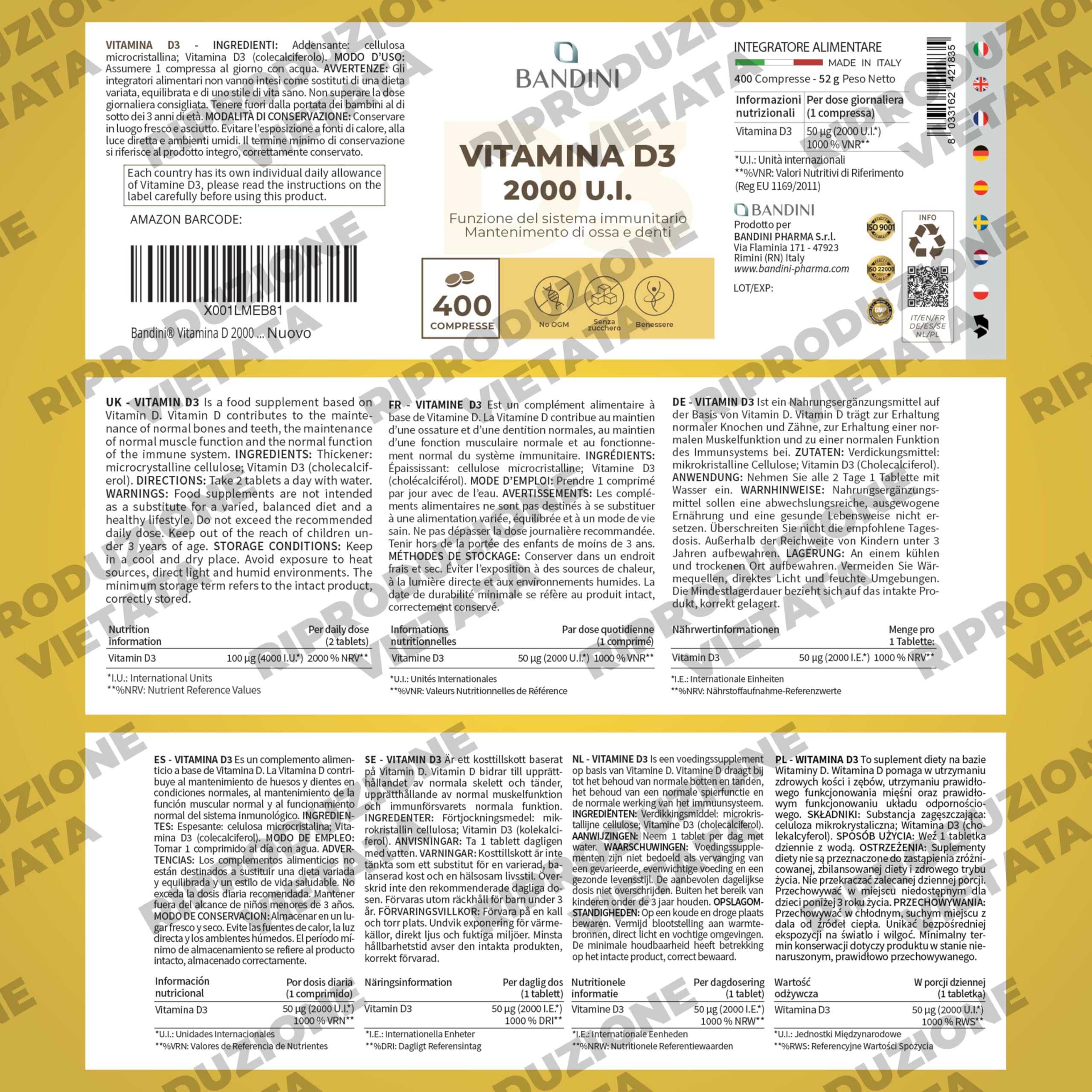 Bandini® Vitamina D 60.000 UI/mese 400 Compresse (+1 Anno), Difese Immunitarie, Salute di Ossa, Denti e Muscoli, Metabolismo del Calcio, 50 mcg di Colecalciferolo, Vitamin D3 Pura ad Alto Dosaggio