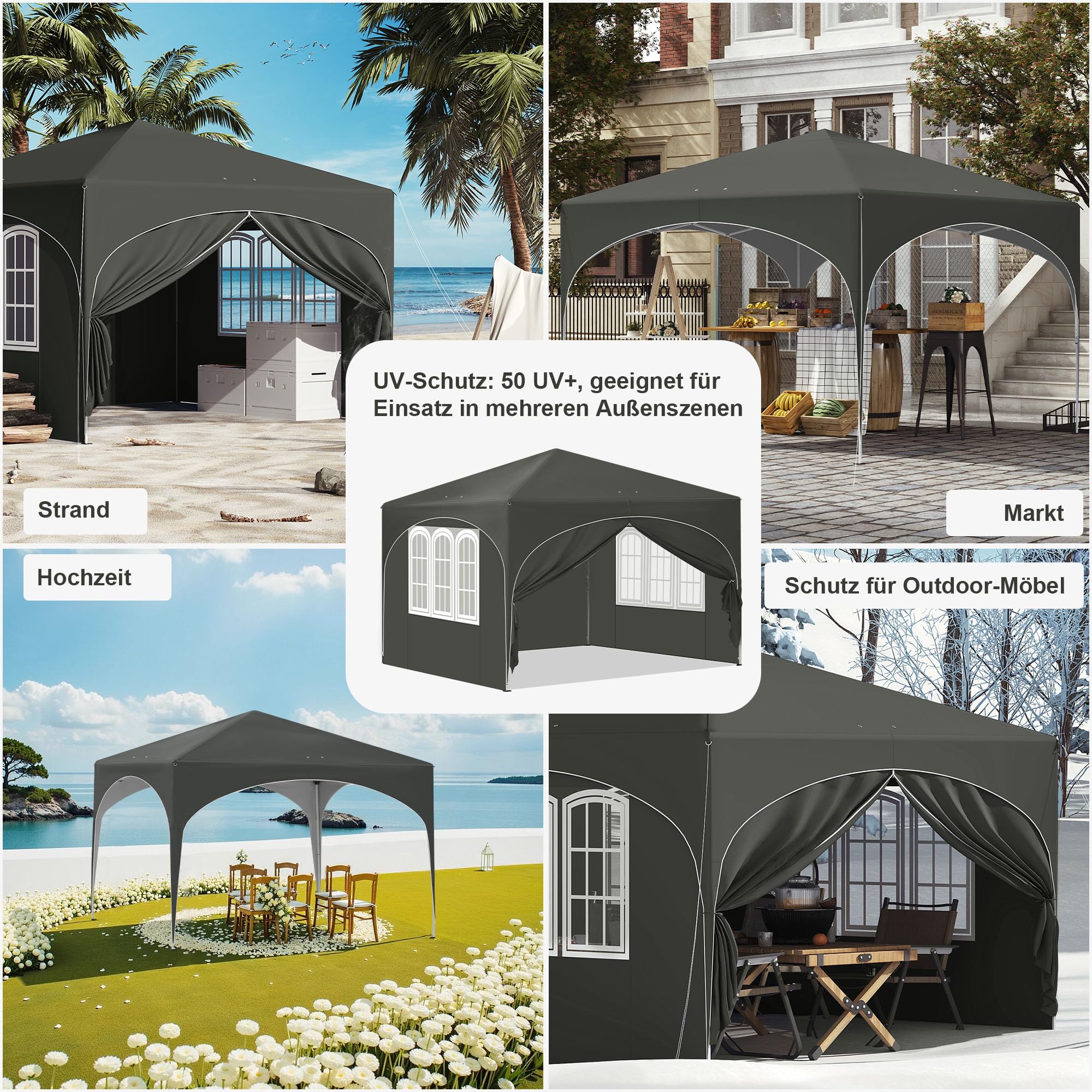 Laneetal Pop-Up Faltpavillon wasserfest Winterfest, Pavillon 3x3 m faltbar, Grillpavillon stabil, Gartenpavillon mit Seitenwänden Fenstern Tasche, für Camping Strand Garten, Grau