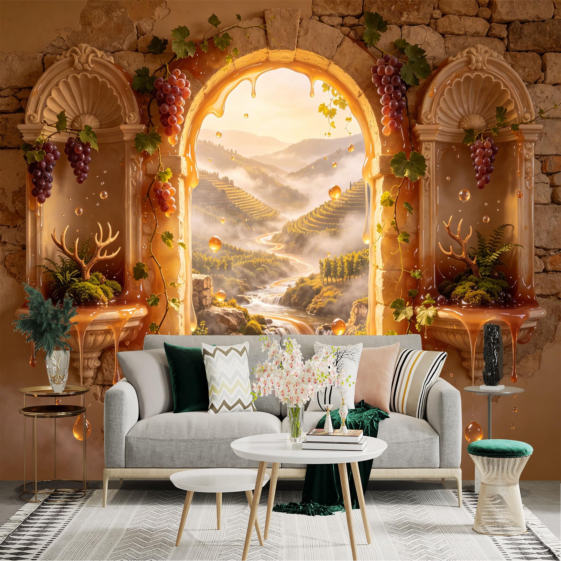 Custom Size Wall Sticker Mural， Golden Vineyard Landscape with Grapes and Flowing River， for wall Decoration， peelandstick wall Decals.