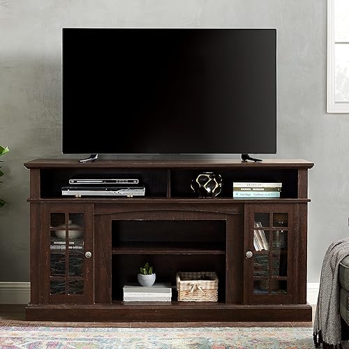 Soporte de TV de granja para televisores de 65 pulgadas, soporte de TV de madera rústica para sala de estar con puerta de vidrio y estantes