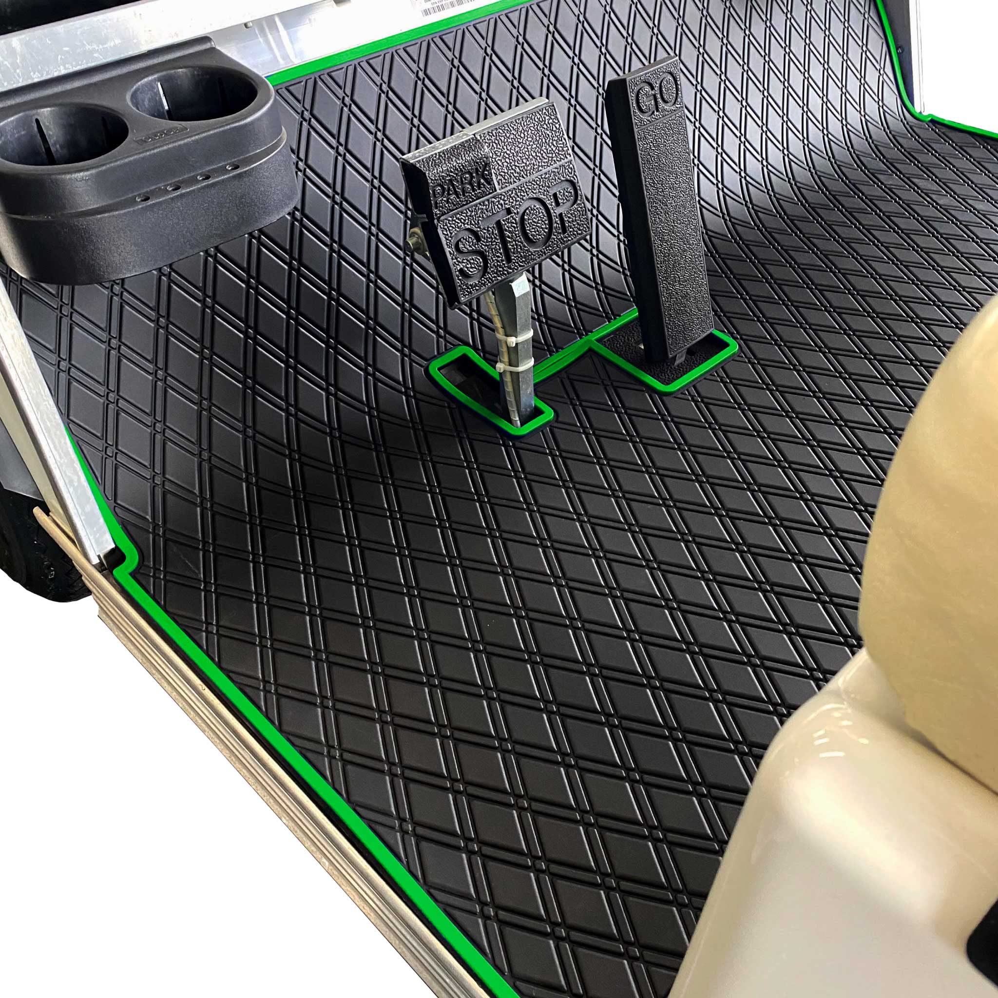 Photo 1 of Xtreme Mats Club Car DS Golf Cart Mat, Full Coverage Floor Liner - Fits Club Car DS (1982-2013) and Villager (1982-2018) Models - Black with Green Trim