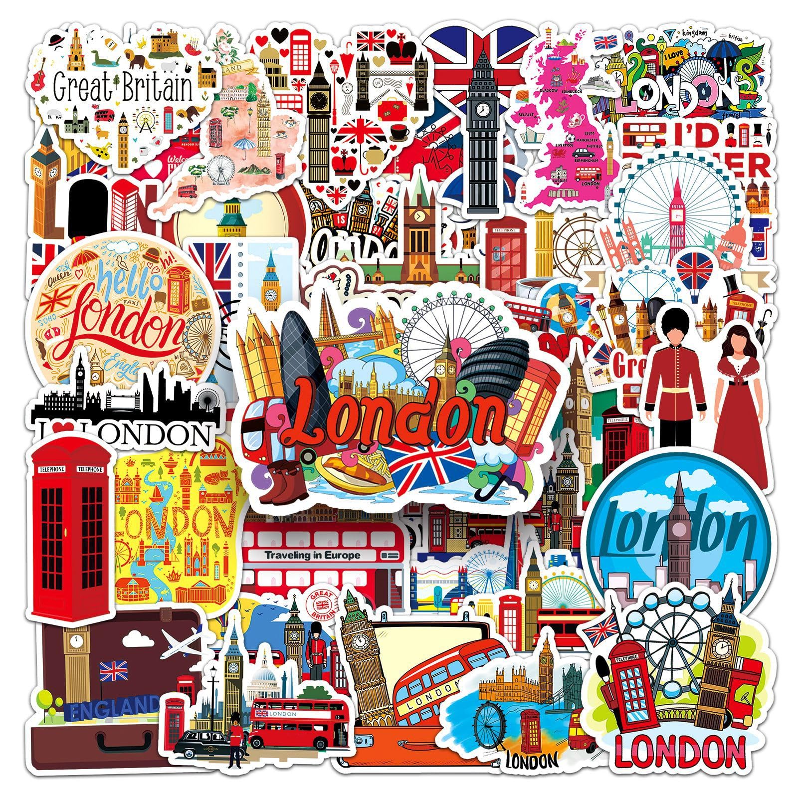 50 Pcs UK England Travel Vinyl Stickers,British Theme Graffiti Stickers,Vinyl Waterproof Sticker for Kids Teens Girls,for Phone Laptop Bottles Skateboard Computer Phone Luggage Guitar Gifts Sticker