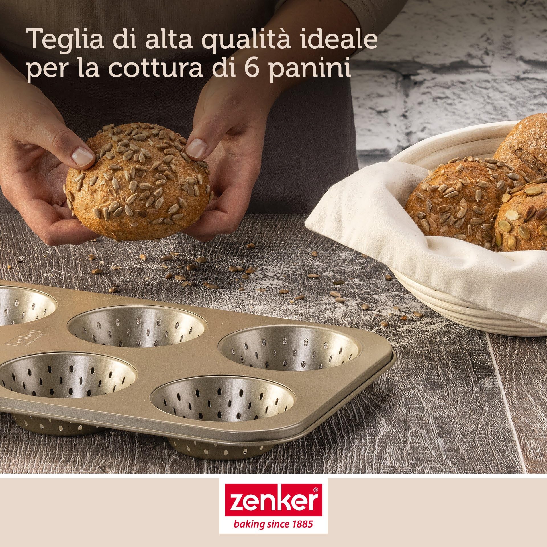 Zenker 6 teglie per panini – Stampo perforato per panini croccanti – Rivestimento antiaderente che impedisce l'incollaggio – Resistente al calore fino a +230°C, 34 x 22 x 3 cm