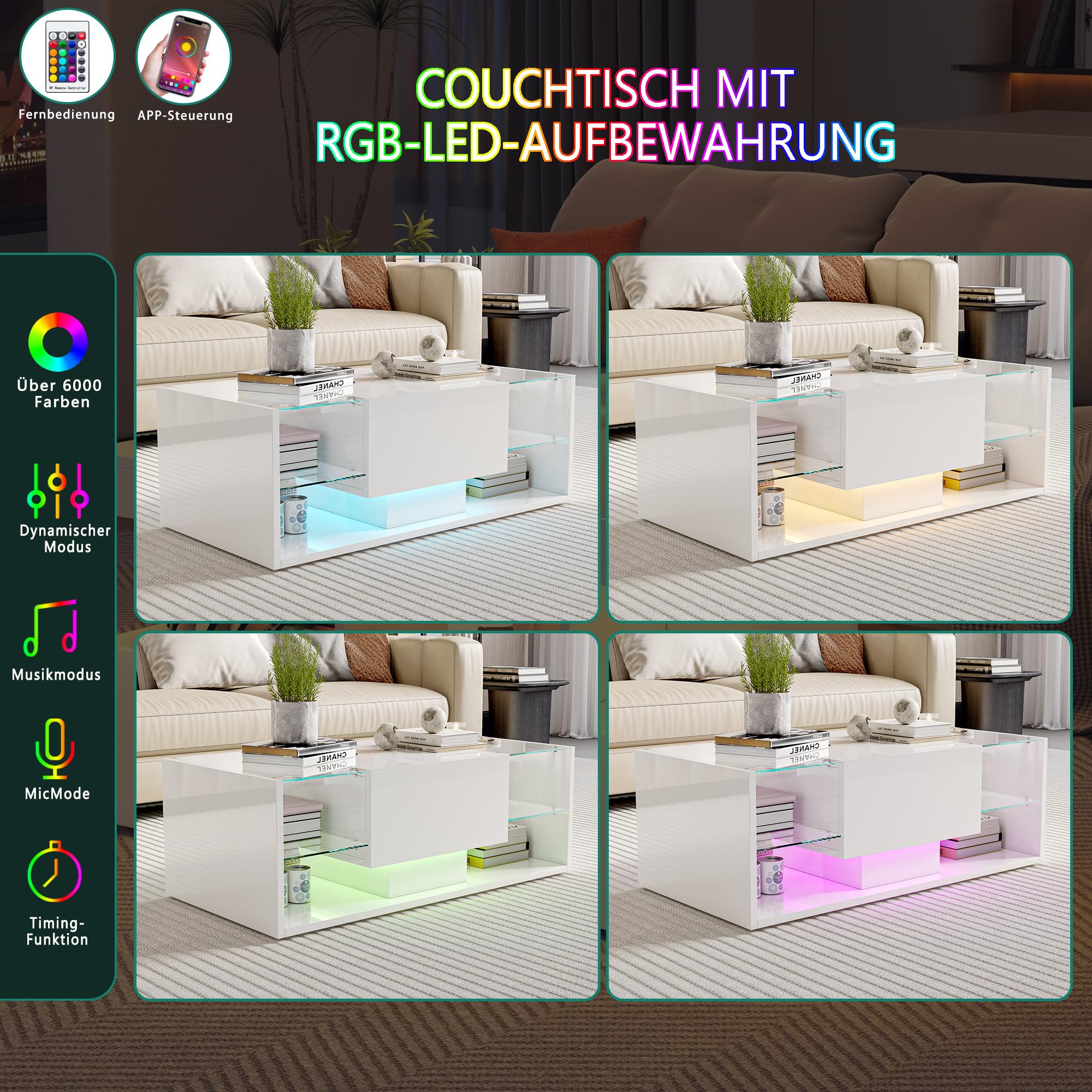 Tavolino da caffè con Contenitore, tavolino Salotto Moderno con Illuminazione a LED, tavolino da Soggiorno Lucido con cassetti e vano a Giorno, tavolino da Divano per Soggiorno o Ufficio