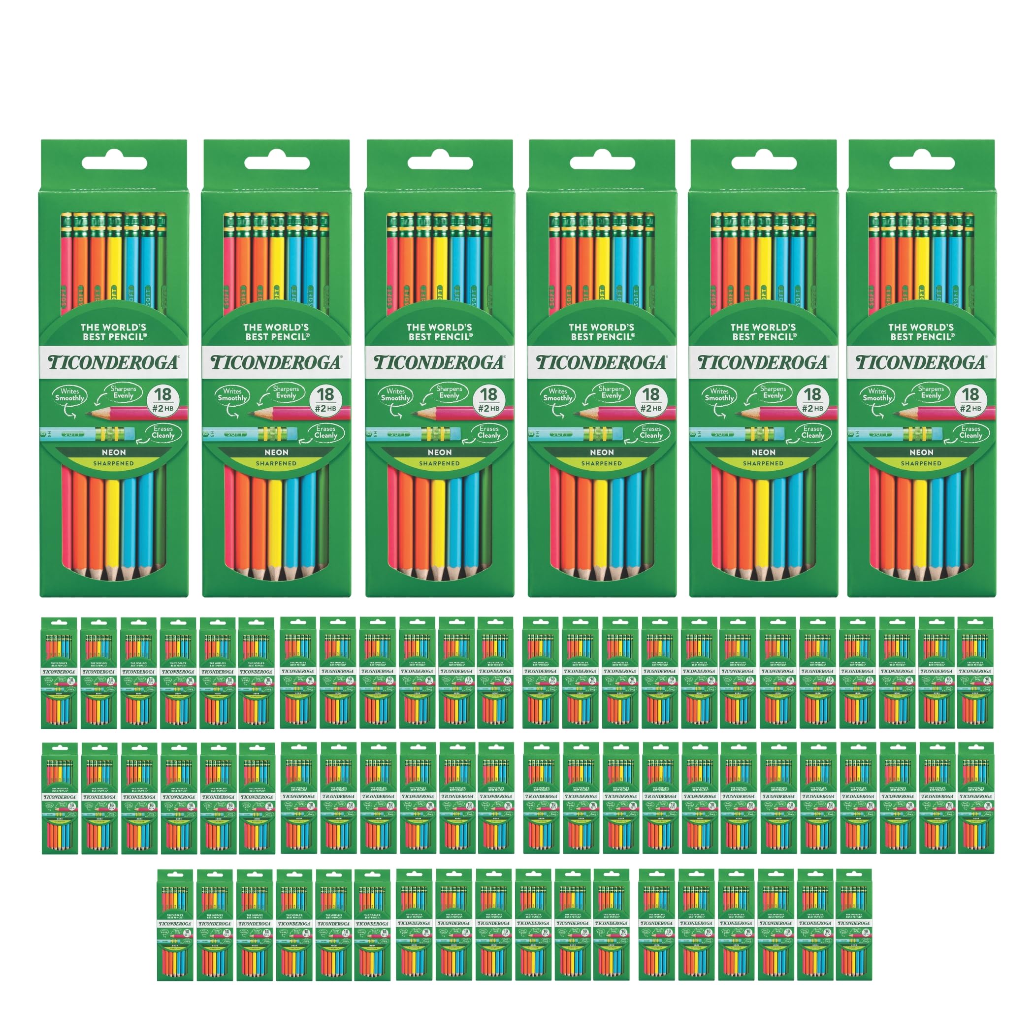 Ticonderoga Wooden Pencils, Pre-Sharpened #2 HB Soft, Neon Colors, 18-Count, 13018 (Pack of 72, 1296 Count Total)