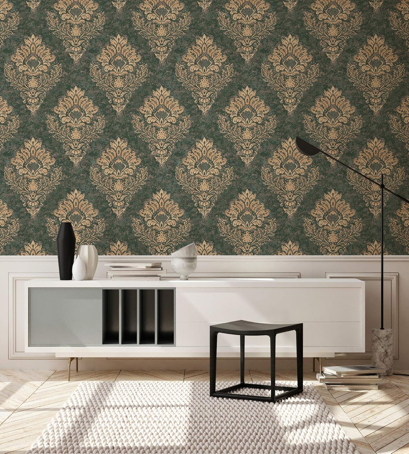Livingwalls Wallpaper Baroque Design - Green, Gold - Wallpaper for Various Spaces 395.99in x 20.87in Made in Germany - 379011