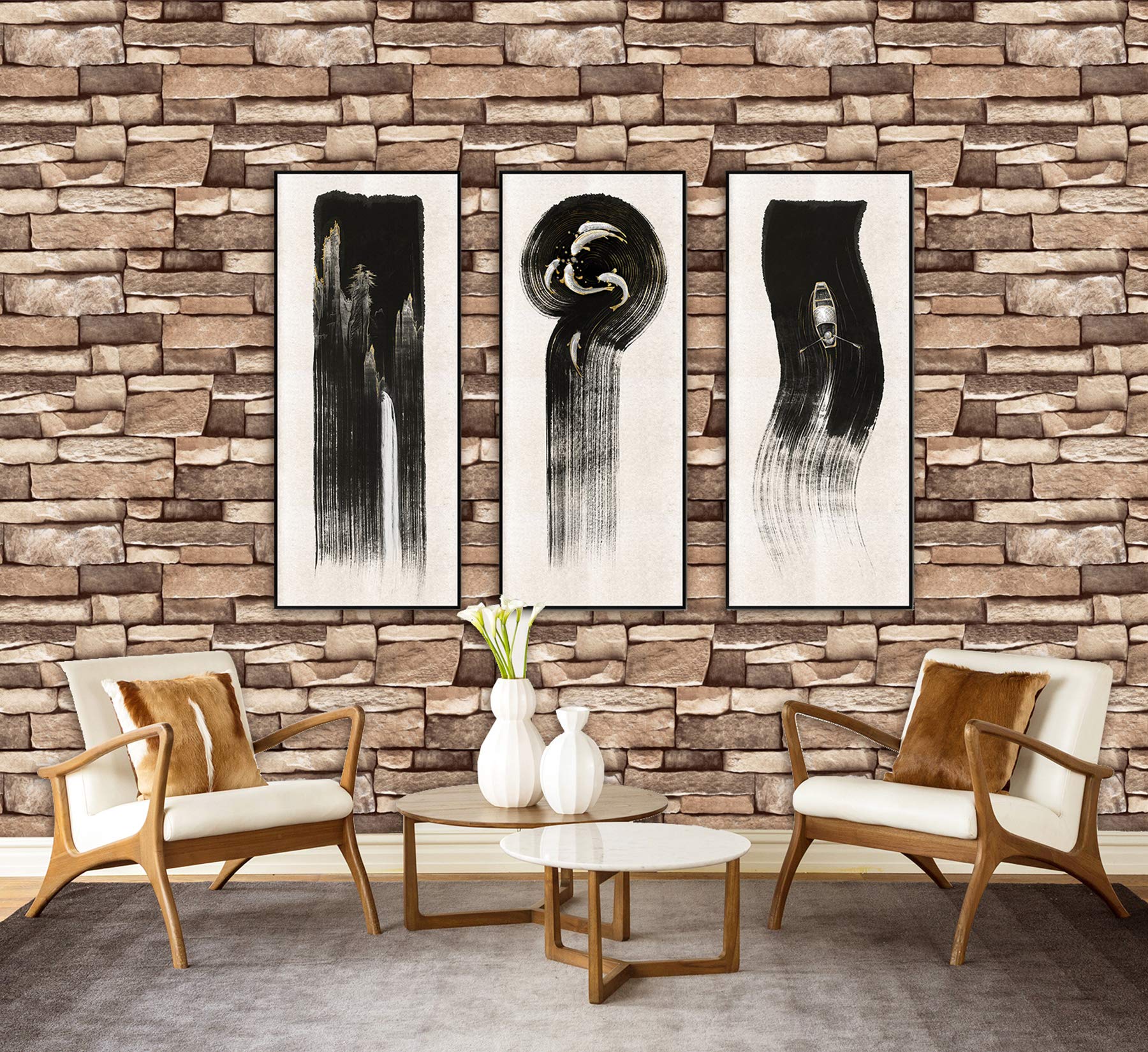 EurotexPeel and Stick Wallpaper 17.71 in X 9.84 ft Self-Adhesive Removable Brown Natural Stone Wallpaper Decorative Wall Covering Vintage Wood Panel Interior Film for Home and Furniture Renovation