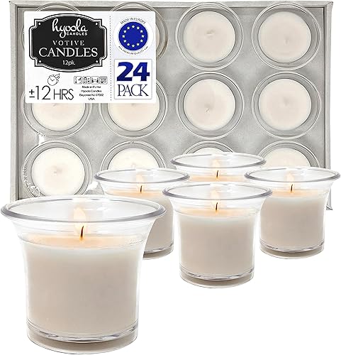 Hyoola Velas votivas – Velas votivas blancas en taza transparente – 12 horas de tiempo de combustión sin perfume – Paquete de 24 velas pequeñas a