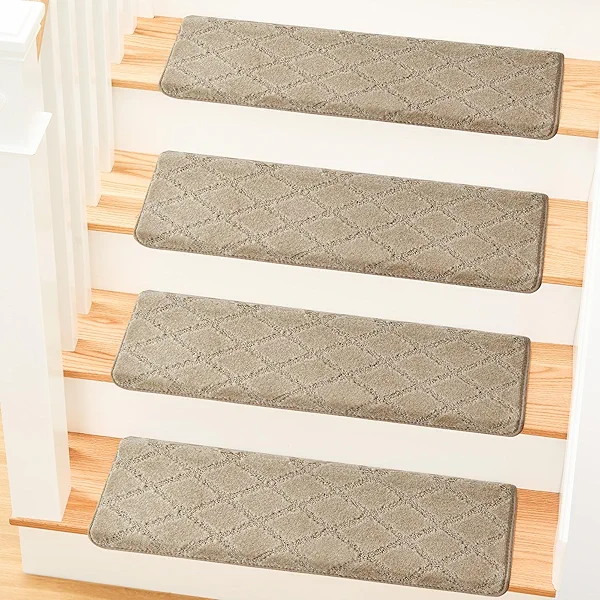 MBIGM Bullnose Non-Slip Stair Treads w/Reusable Adhesive - 14 Pack 9.5" x 30" Wooden Steps Protection - TPU Backing with Steel Reinforcement - Diamond-Warm Ivory Bull Nose Stair Treads