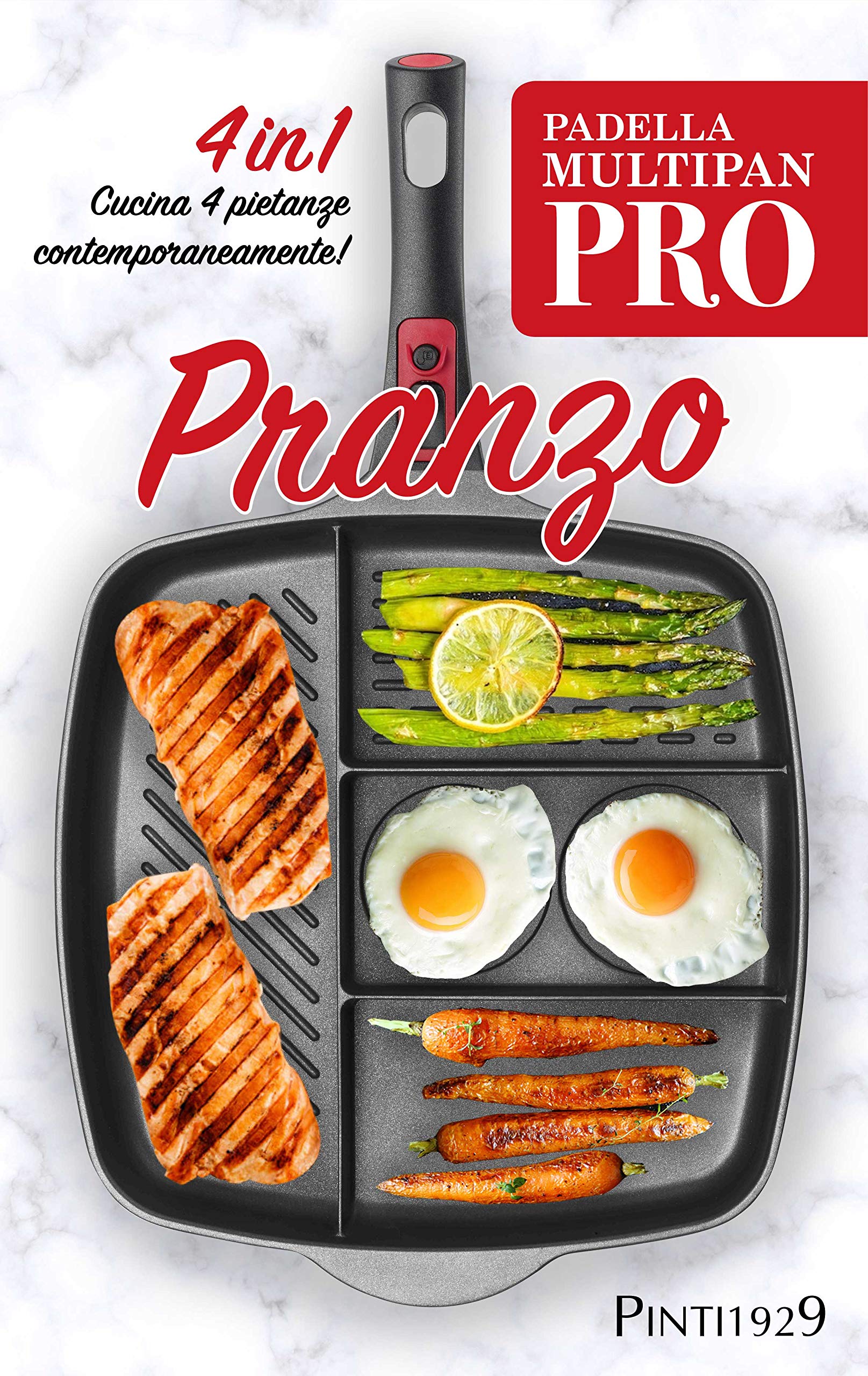 Pintinox Multifunktionspfanne unterteilt in 4 Fächer, aus Aluminium mit abnehmbarem Griff für Induktion geeignet, ideal zum Frühstück, Maße 32 x 32 cm