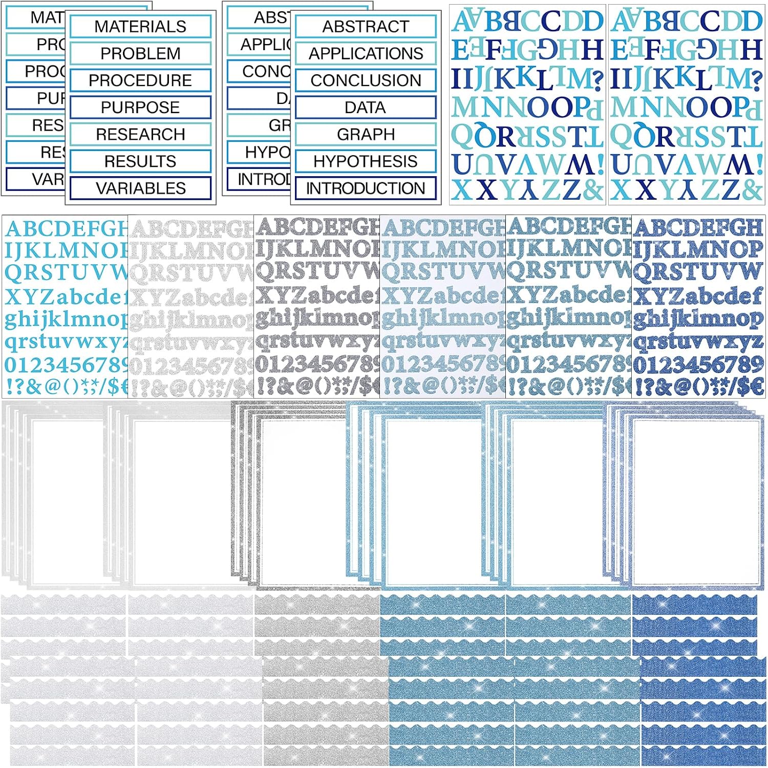 Dispowreath 96 Pcs Glitter Science Fair Display Boards Supplies Self Adhesive Science Fair Project Titles Subtitles Presentation Bulletin Letter Stickers Classroom Christmas(Blue Sea Style)