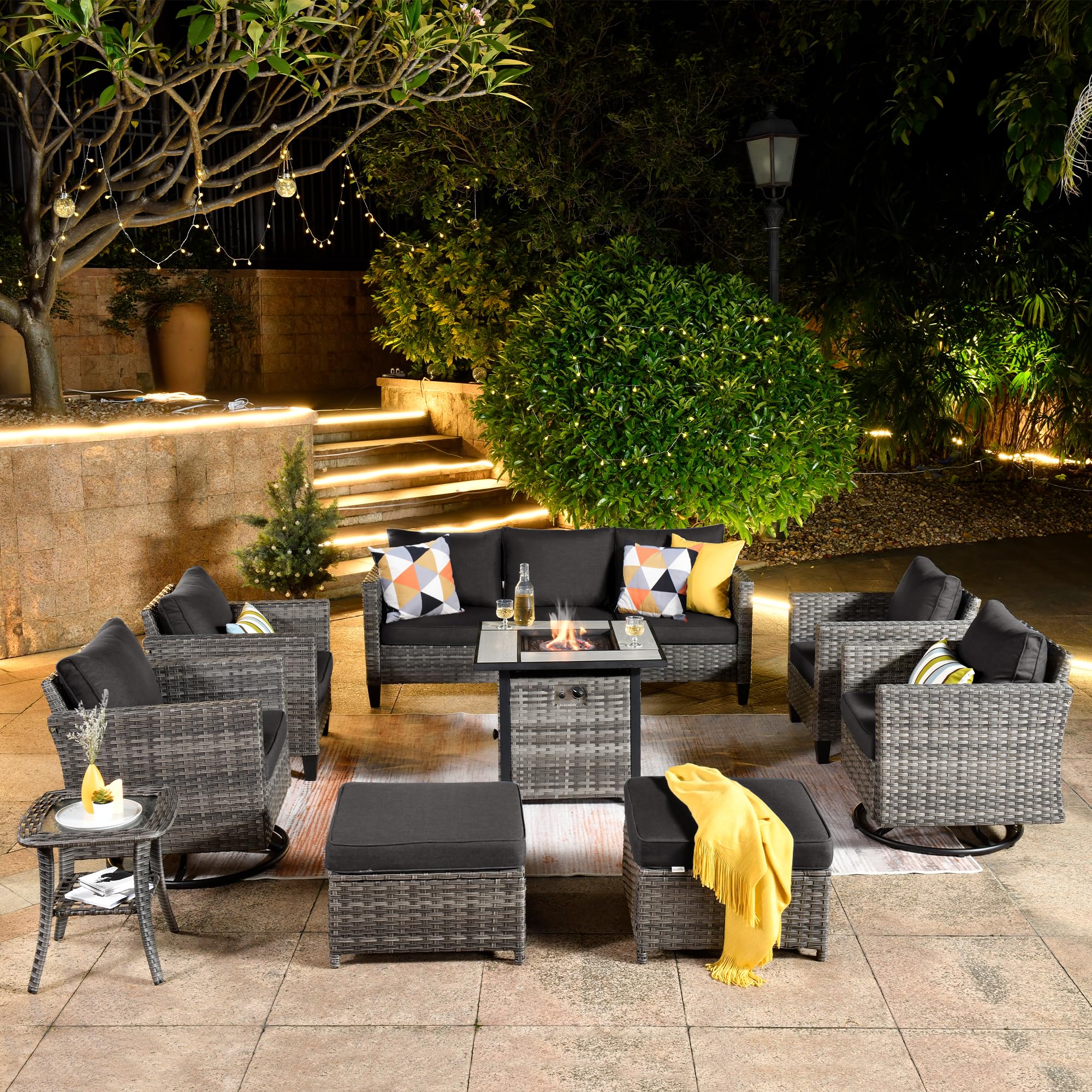 ovios 9 Pieces Patio Furniture Set with Square Fire Pit Table, Outdoor Swivel Rocking Chairs, High Back Wicker Rattan Conversation Set for Deck Porch, Black