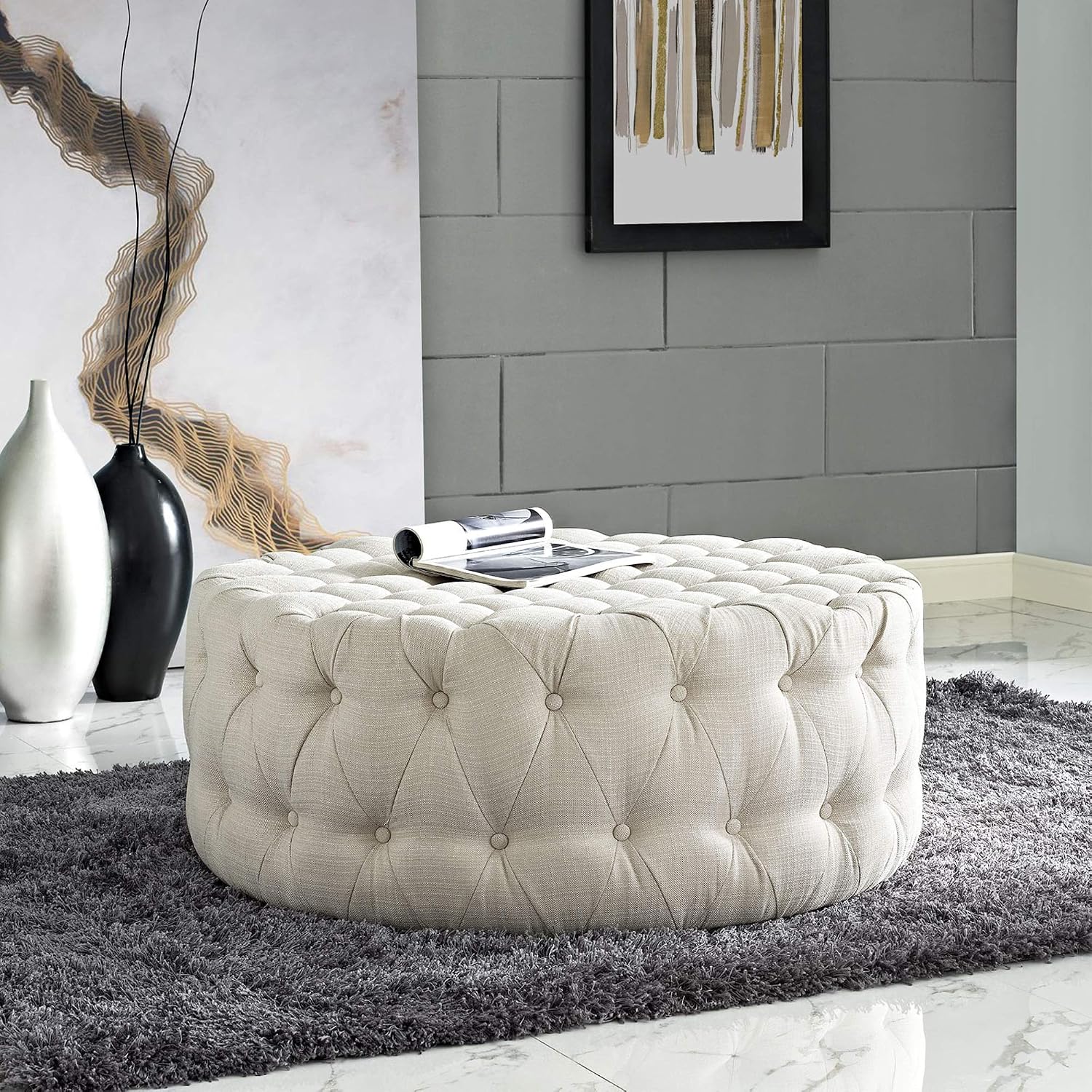 Ergode Amour Round Ottoman - Elegant Tufted Design, Plush Foam Padding, Premium Fabric Upholstery