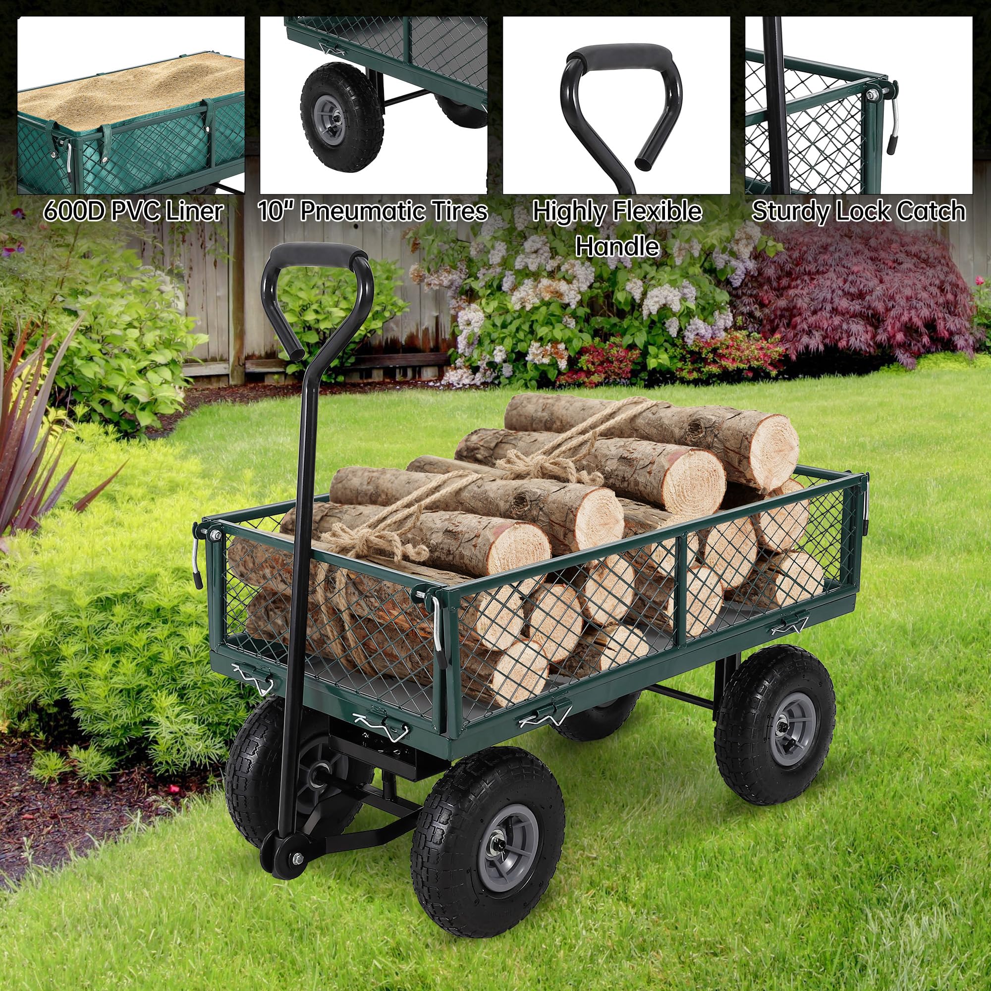 Chariot de Jardin Robuste en Acier – Plateau Pliable Multifonction – Côtés Amovibles – Roues pneumatiques 25 cm – Poignée 2-en-1 – Capacité 225 kg – Idéal pelouse, Plage, paysagisme – Vert,