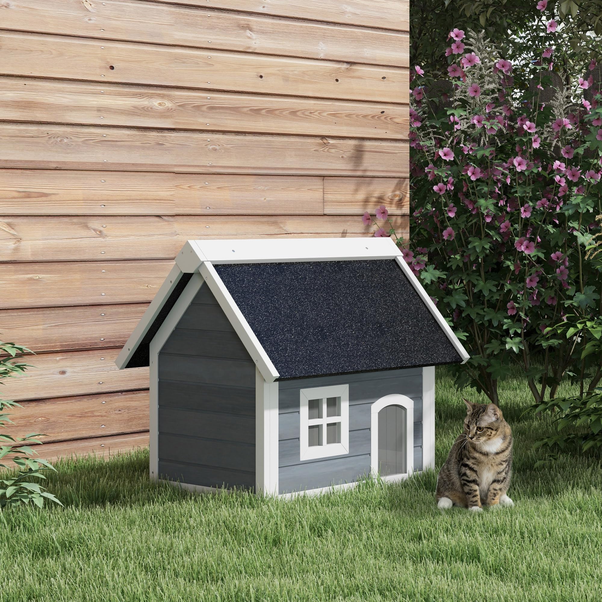 PawHut Maison pour Chat en Bois, Niche pour Chat, fenêtre en plexiglas, Porte à lamelles, Toit bitumé ouvrable et 3 Portes, Pieds en Plastique, 77 x 57,5 x 68 cm, Gris