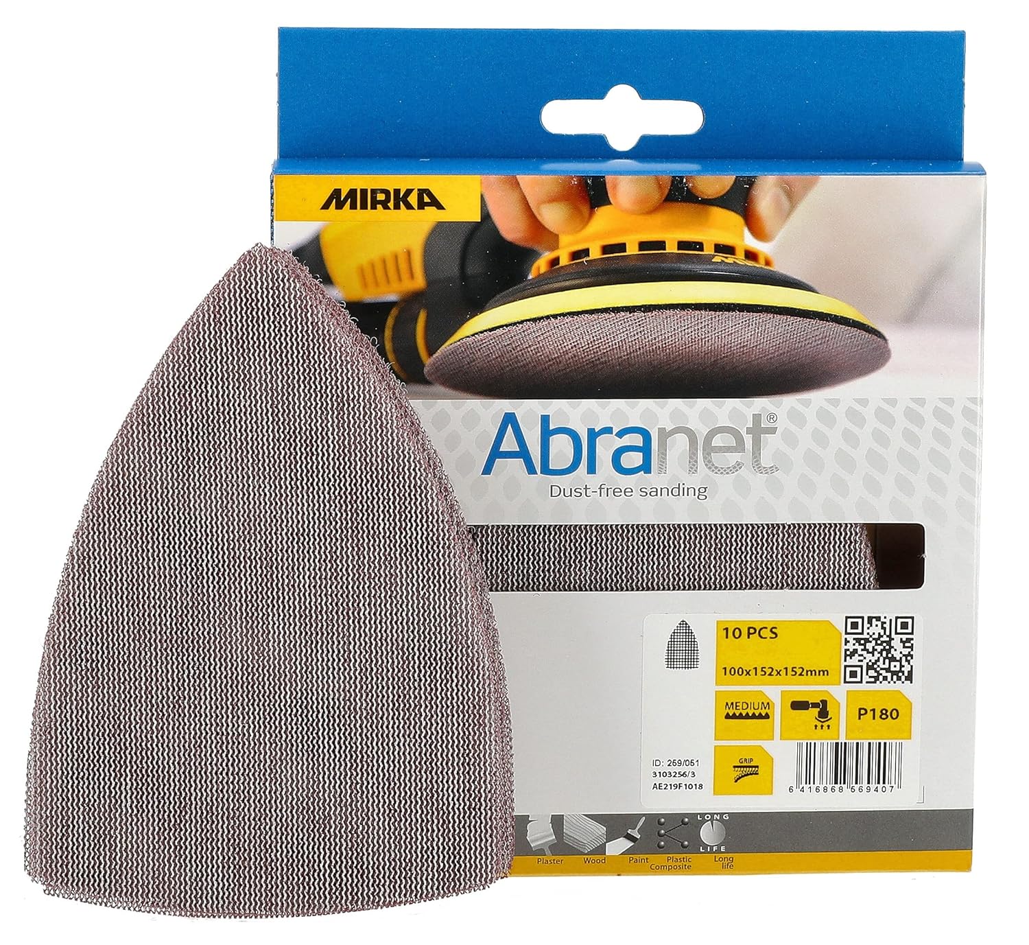 Mirka Abranet Delta Triangle Sanding Discs - 180 Grit - 10-Pack, Hook and Loop, Dust-Reducing Sandpaper for Detail Sanders, Ideal for Wood, Metal, Paint, and More - 4"x6"x6"