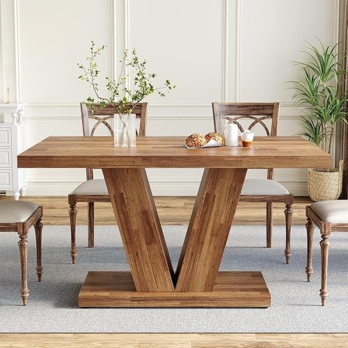 Miniatura 4 de LITTLE TREE Mesa de comedor de 47 pulgadas para 4, mesas de comedor modernas, mesa de cocina rectangular marrón con pedestal en forma de V, mesa de