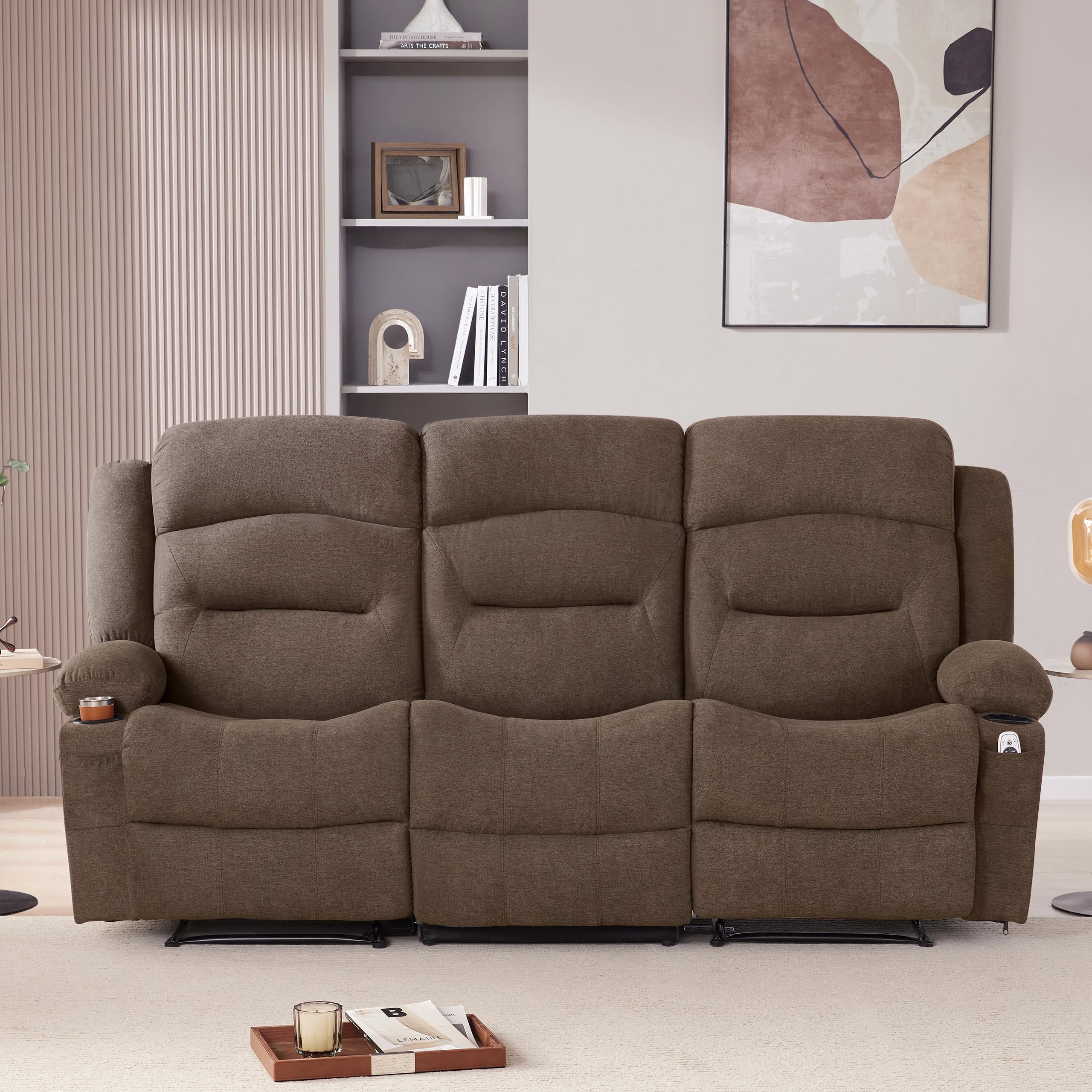 Weture Oversized Recliner Sofa with Heat and Massage, Wall-Hugger Reclining Sofa with Cup Holders and USB Port, Big Large 3-Seater RV Recliner Couch