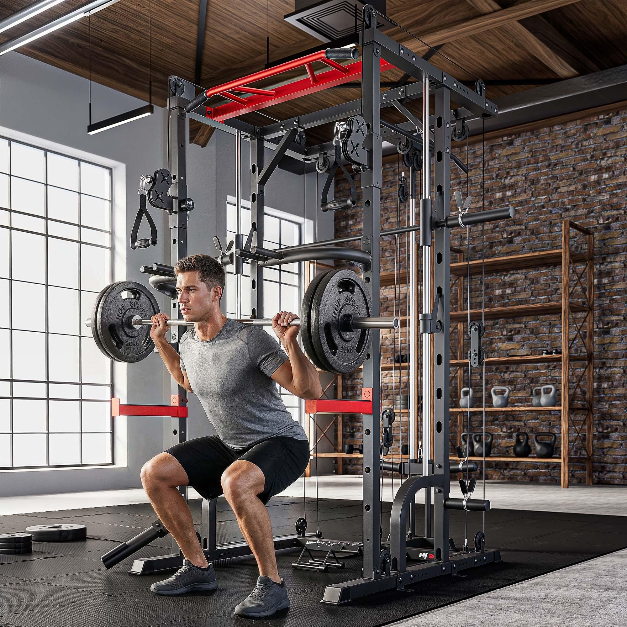 Hop-Sport Power Rack HS-2090K mit Latzug und Smith-Maschine, Power Cage mit Kabelzug, Klimmzugstange, Dip-Barren, Landmine, Multipresse und Sicherheitsablagen, Kraftstation Home Gym