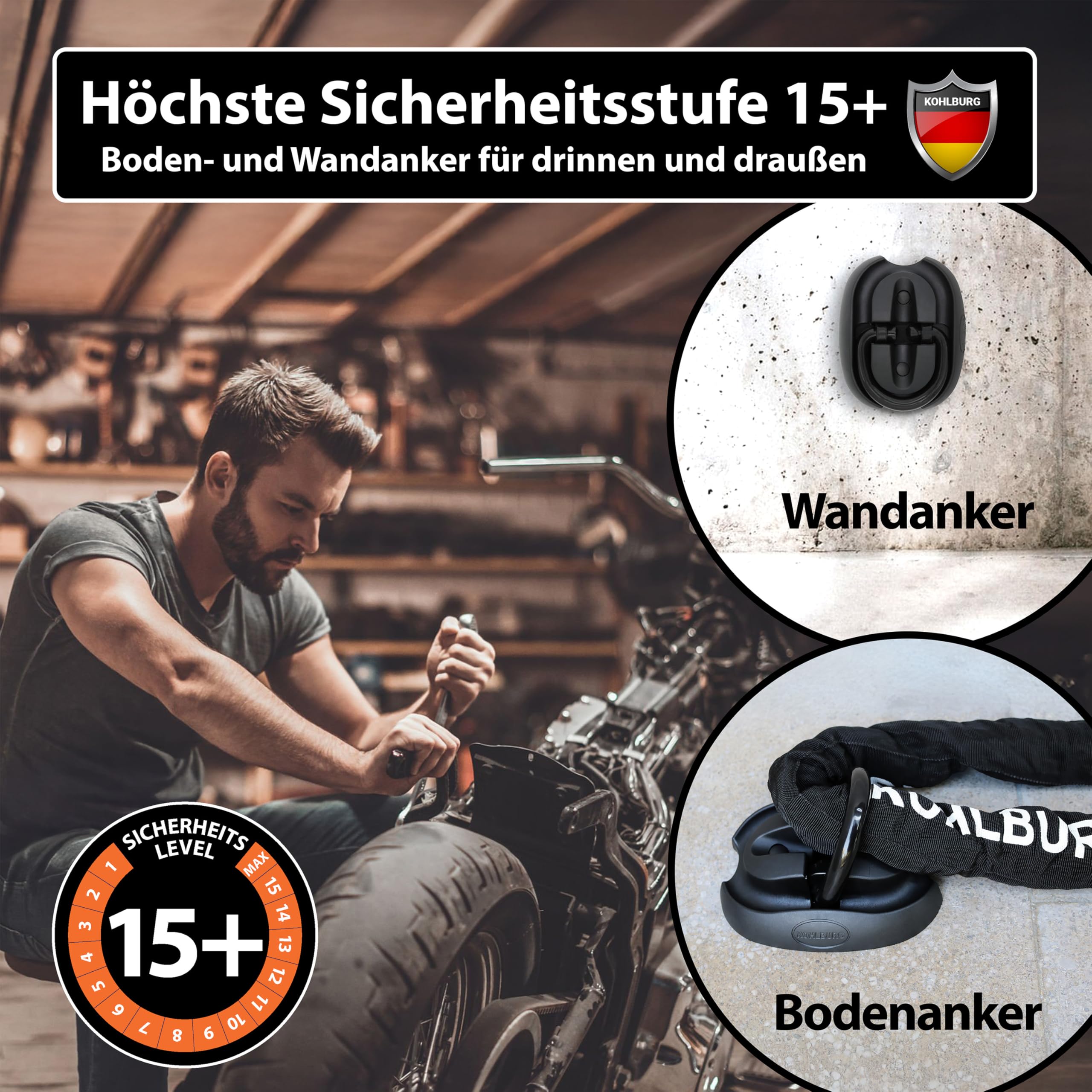 KOHLBURG Sicherheits- Bodenanker & Wandanker mit höchster Sicherheitsstufe 15 – Anker für Motorrad Scooter E-Bike & Fahrrad mit 14mm Spezialstahl Bügel – Fahrradschloss Wand & Boden in Keller & Garage