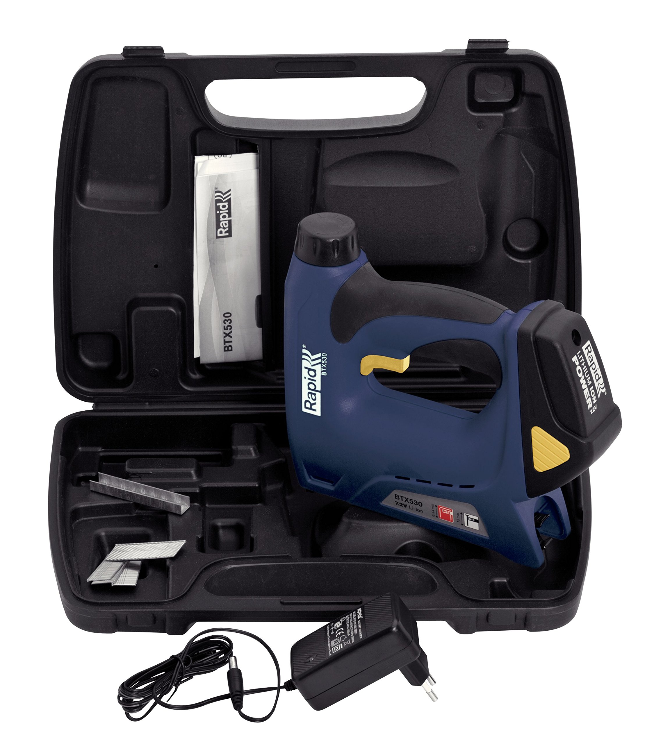 Rapid Akku‑Tacker BTX530 - 7,2 V Li‑Ion Akkutacker für Feindrahtklammern Typ 53 (6-14 mm) & Nägel Typ 8 (18Ga, 15 mm) - Für Polstern, Möbel, Holz & Heimwerken
