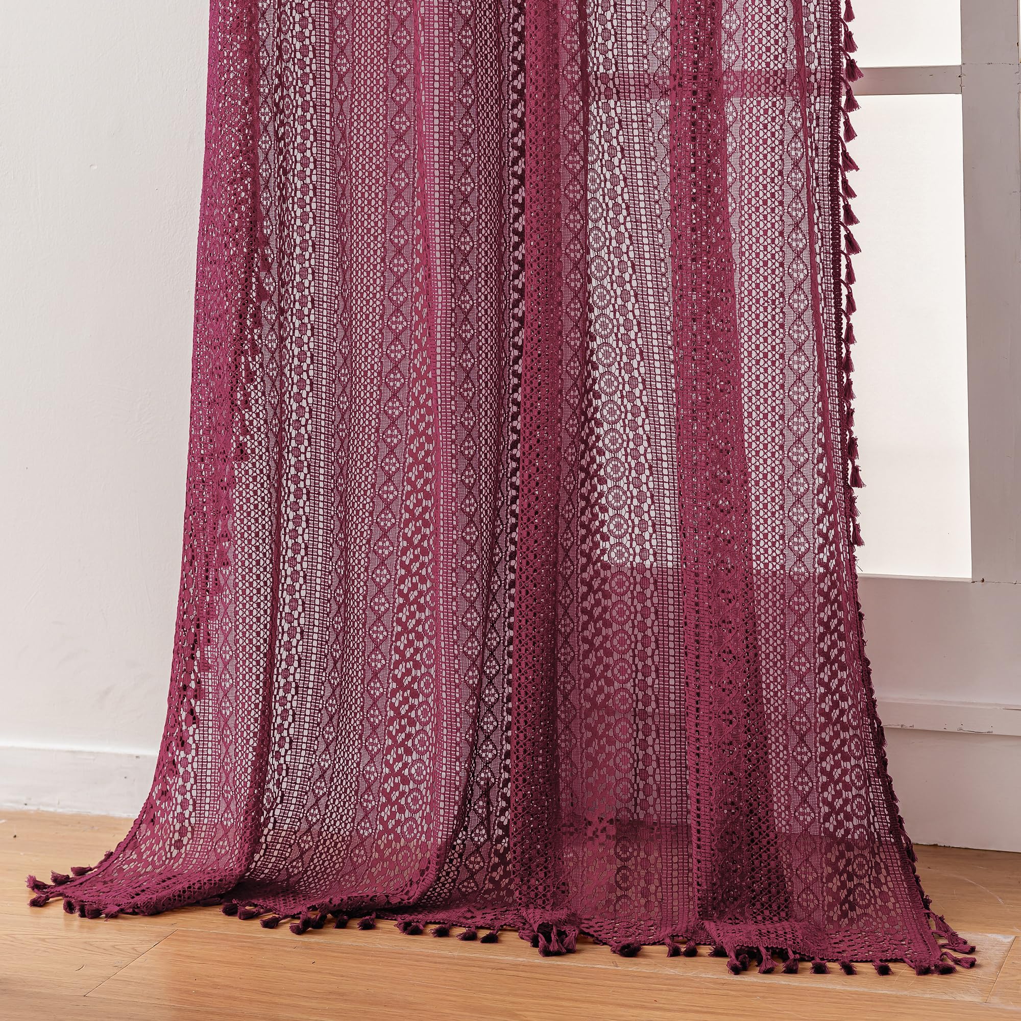WAZZIO Burgundy Sheer Curtains 84 Inches Long 2 Panel Cotton Blend Crochet Lace Curtain Tassel Rod Pocket Semi Sheer Light Filtering Boho Curtains for Bedroom Living Room Window Drapes Maroon Red โ image 1