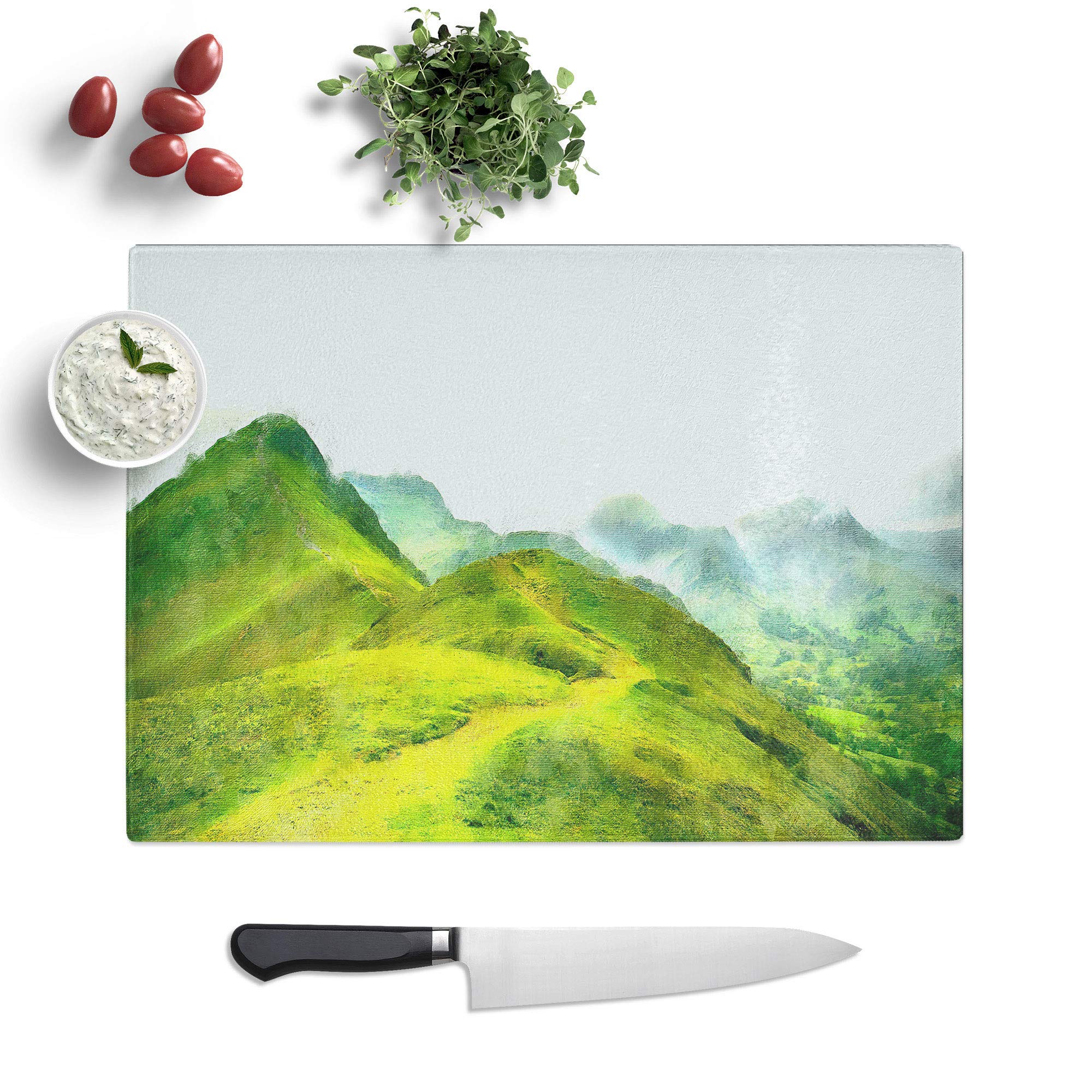 Glass Chopping Board - Mountains of The Lake District Painting - Textured Worktop Saver Cutting Board - Heat Resistant, Shatterproof and Hygenic - 39 x 28.5 cm