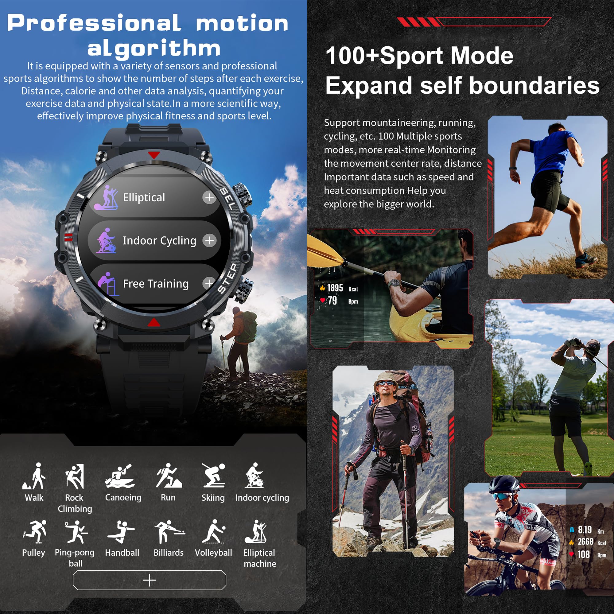Smartwatch Uomo, Chiamata Bluetooth e Risposta Vivavoce, Smart Watch con 123 Modalità Sport Contapassi Cardiofrequenzimetro Sonno Notifiche Messaggi Orologio Fitness Tracker per Android iOS (Nero)