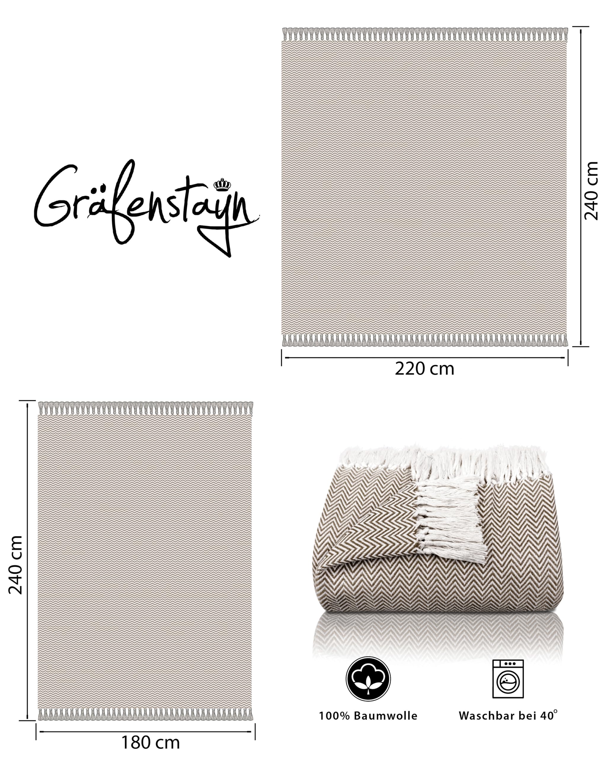 Gräfenstayn Narzuta klasy premium z frędzlami, 100% bawełna, wzór w jodełkę, koc letni, bawełniany koc na łóżko, na kanapę, na sofę, 150 x 200 cm, brązowa