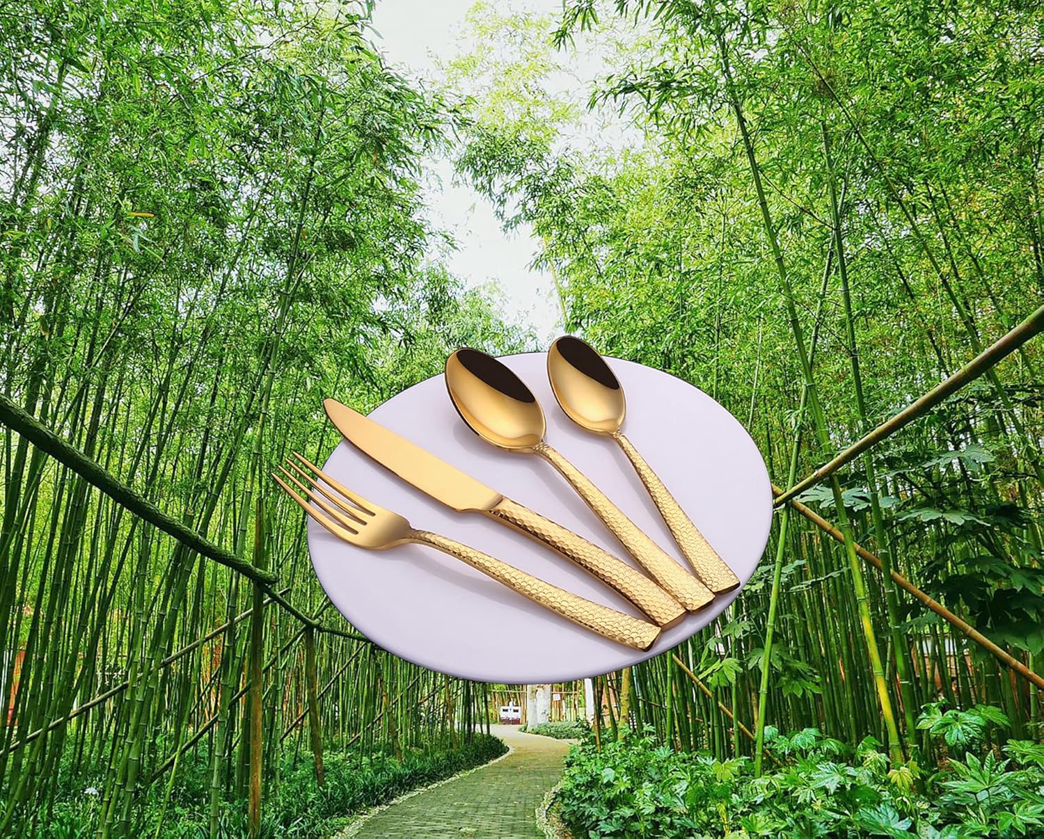 Thomaso 48piece Gold Silverware Set , 18/10 Stainless Steel Hammered Flatware Set