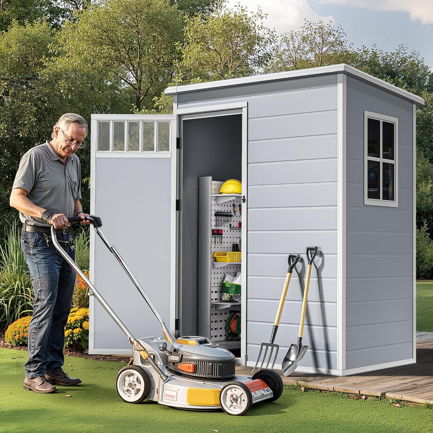 Man operating a lawnmower near an open DWVO storage shed