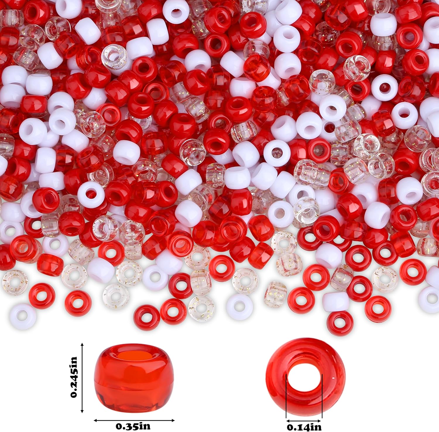 Red and White Pony Beads for Bracelet 6x9mm Mix Red Beads for Hair Braids Kandi Bead Bulk for DIY Craft Party Jewelry Making