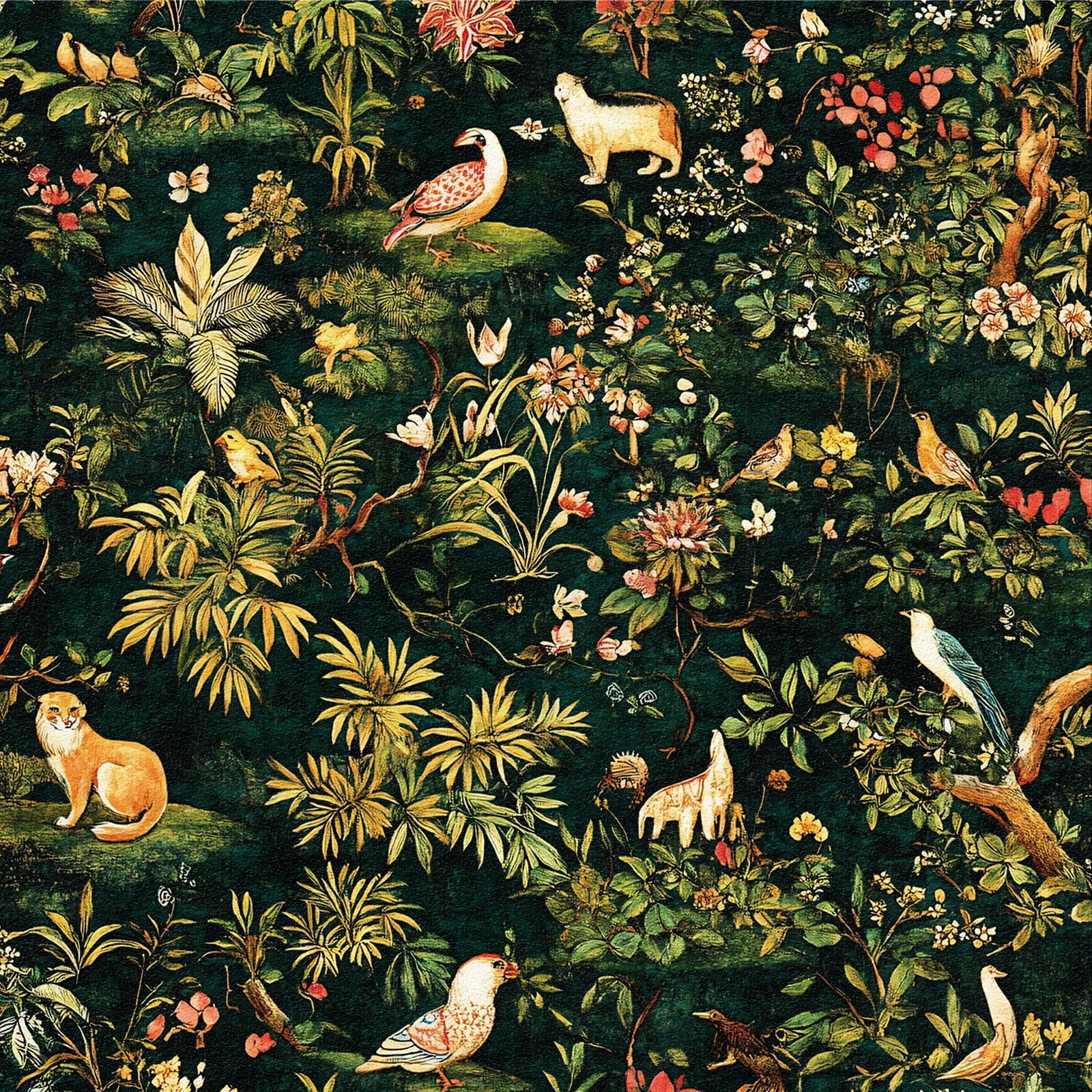 ANBILILA Peel and Stick Wallpaper, Vintage Dark Green Tropical Jungle Animal Floral Bird Pattern, 44x300CM Thick Self Adhesive Wall Paper Removable Forest Decor