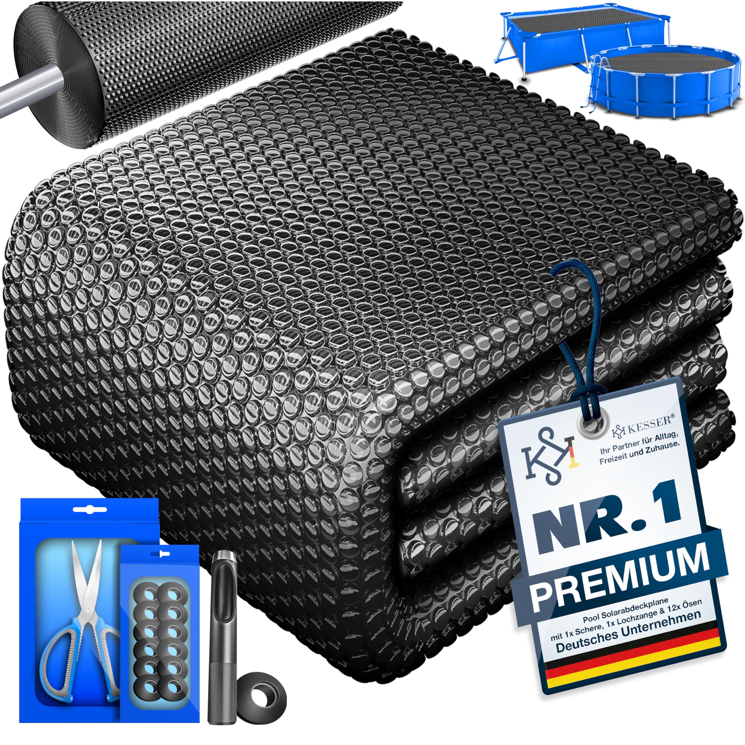KESSER® Pool Solarabdeckplane Rund Ø 305 cm, Solarfolie 120 µm, Solarabdeckung Solarplane zuschneidbar, Poolheizung Wassererwärmung Wärmeplane, Poolsolarplane mit 1x Schere, 1x Lochzange & 12x Ösen