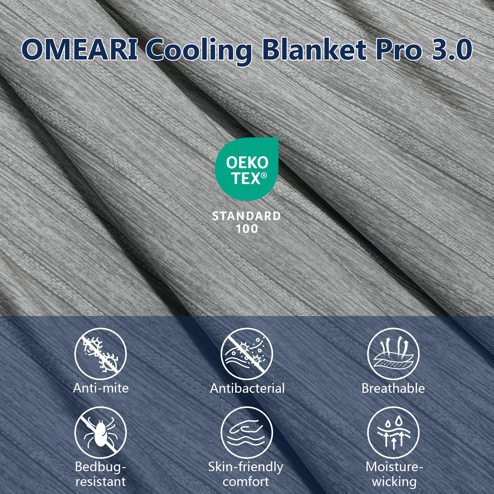 OMERAI Manta Refrescante 200 x 220 cm para Sudores Nocturnos, Manta de Verano Q-MAX > 0,5, Doble Cara, Transpirable y Ligera para Cama, Sofá y Viaje, Gris