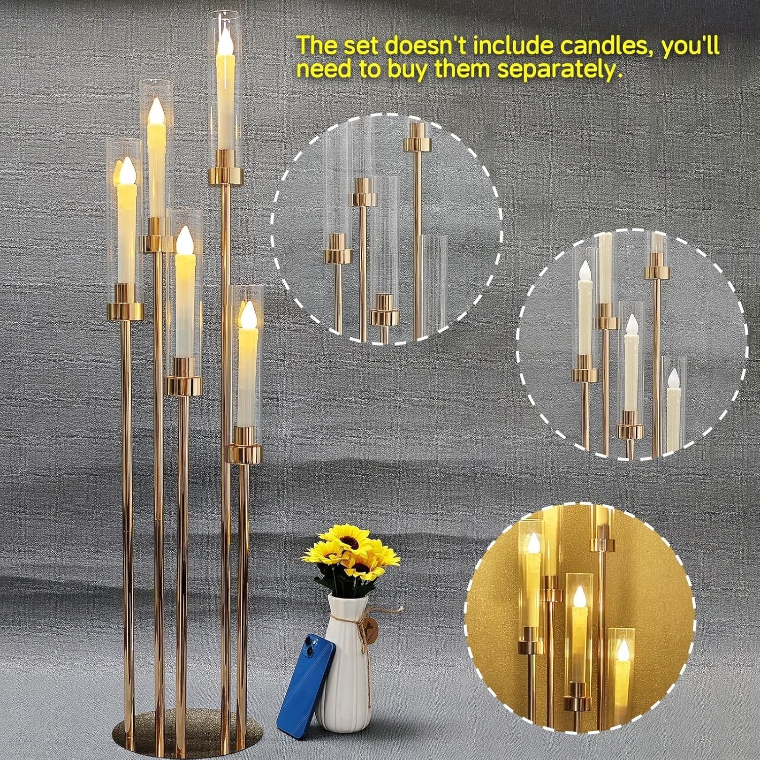 Candle Holder - Candelabra, 2/4PCS Gold Floor Candelabra Wedding Centerpieces, 5 Arm 42" Tall Metal Candle Holder Metal Candlestick Holders, with Acrylic Removable Lampshade(2PCS)