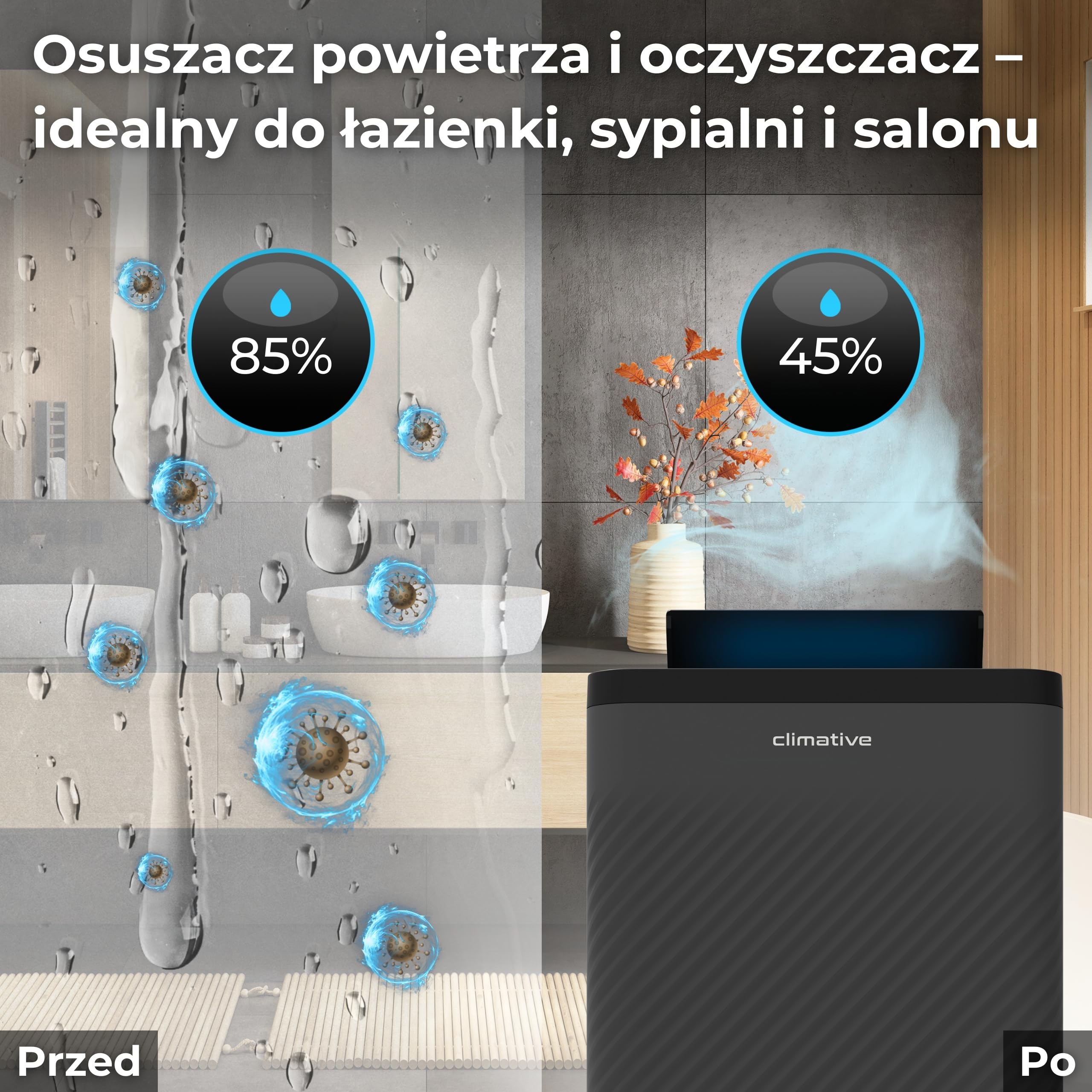 elektryczny osuszacz powietrza 12 l/24 h z filtrem HEPA i węglowym, WiFi Smart Home, oczyszczacz powietrza Nexi ION UV, osuszacz powietrza do domu, mieszkania, łazienki i salonu do 20 m²