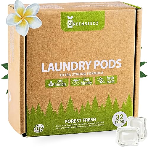 Greenseedz Cápsulas de detergente ecológico 5 en 1 Limpieza ultra fuerte Aroma de bosque fresco 32 cápsulas Para todas las máquinas (HE)