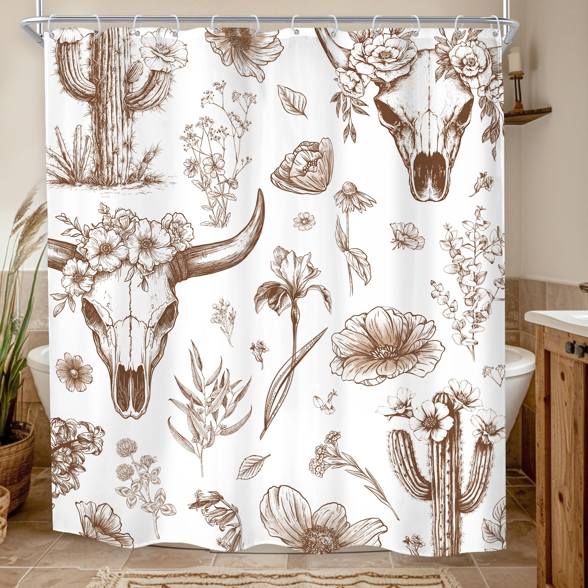 MESHELLY Western Cow Skull Shower Curtain 60Wx72H Brown Rustic Tribal Country Cactus West Desert Abstract Wildflower Bathroom Curtain Plant Bath