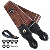 Nefelibata Guitar Strap with Pick Pocket, 2.3 inch Soft Vegan Leather Guitar Straps, 60s Vintage Style（Brown）