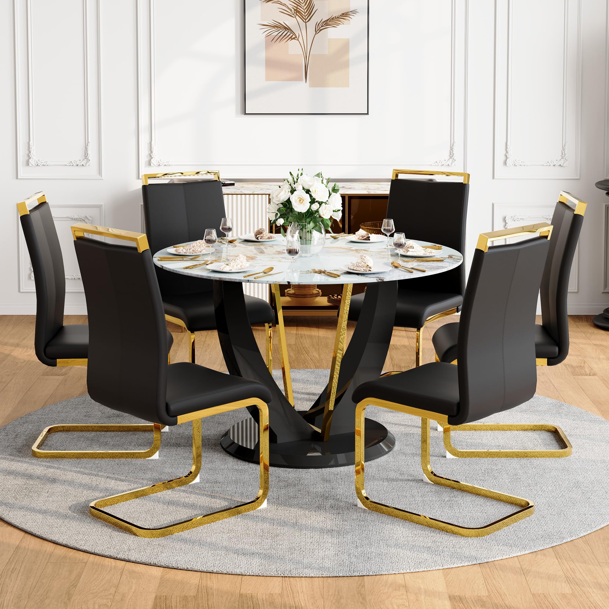 LFVFFA Round Faux Marble Dining Table Set for 6, Modern 48" Temepred Glass Tabletop with Black Glossy Pedestal, 7 Piece Circle Kitchen Table Set with