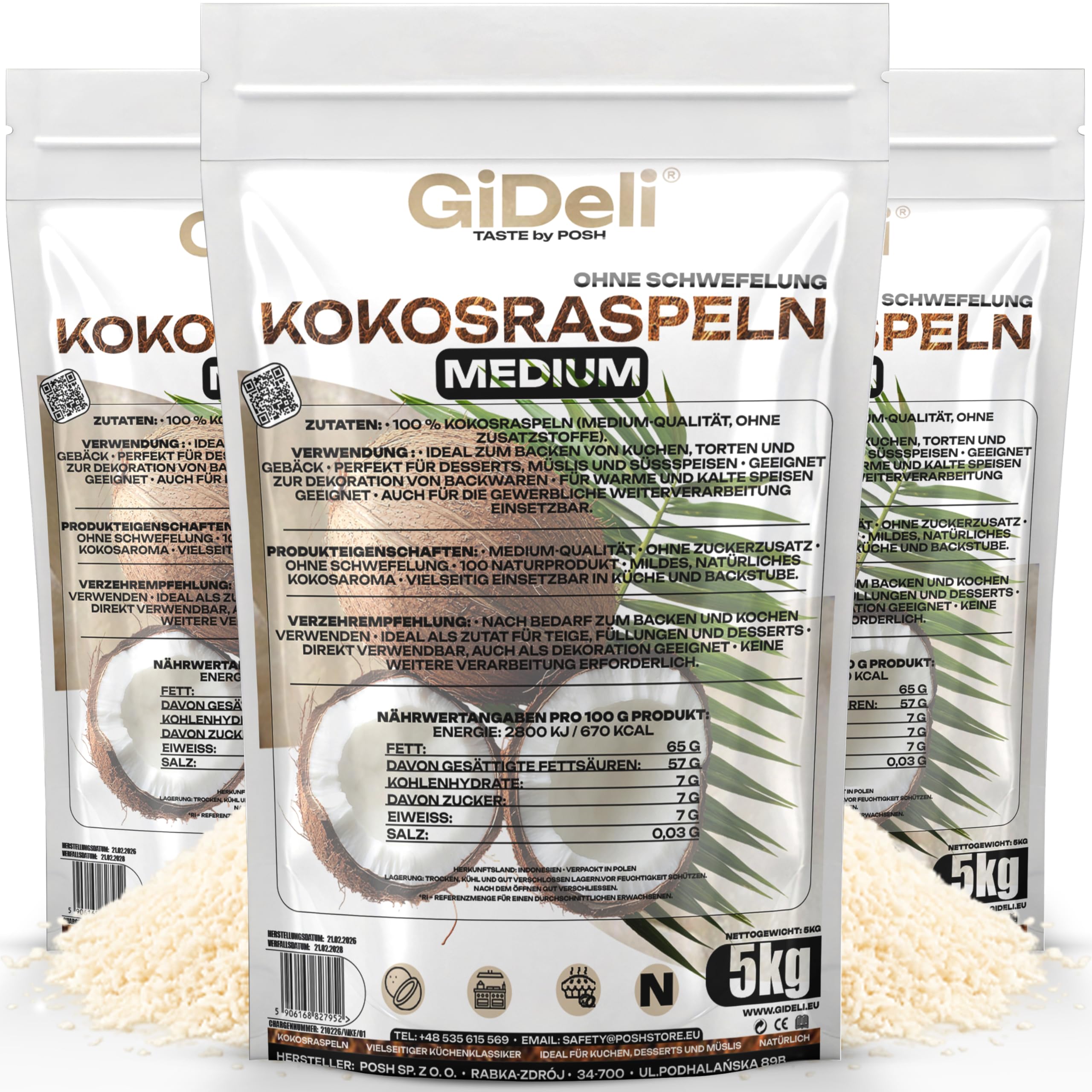 GiDeli Kokosraspeln 3x5kg - Eine Quelle für Gesunde Fette und Ballaststoffe - Für Veganer und Personen mit Keto-Diät - Natürliche für Vielseitige Verwendung