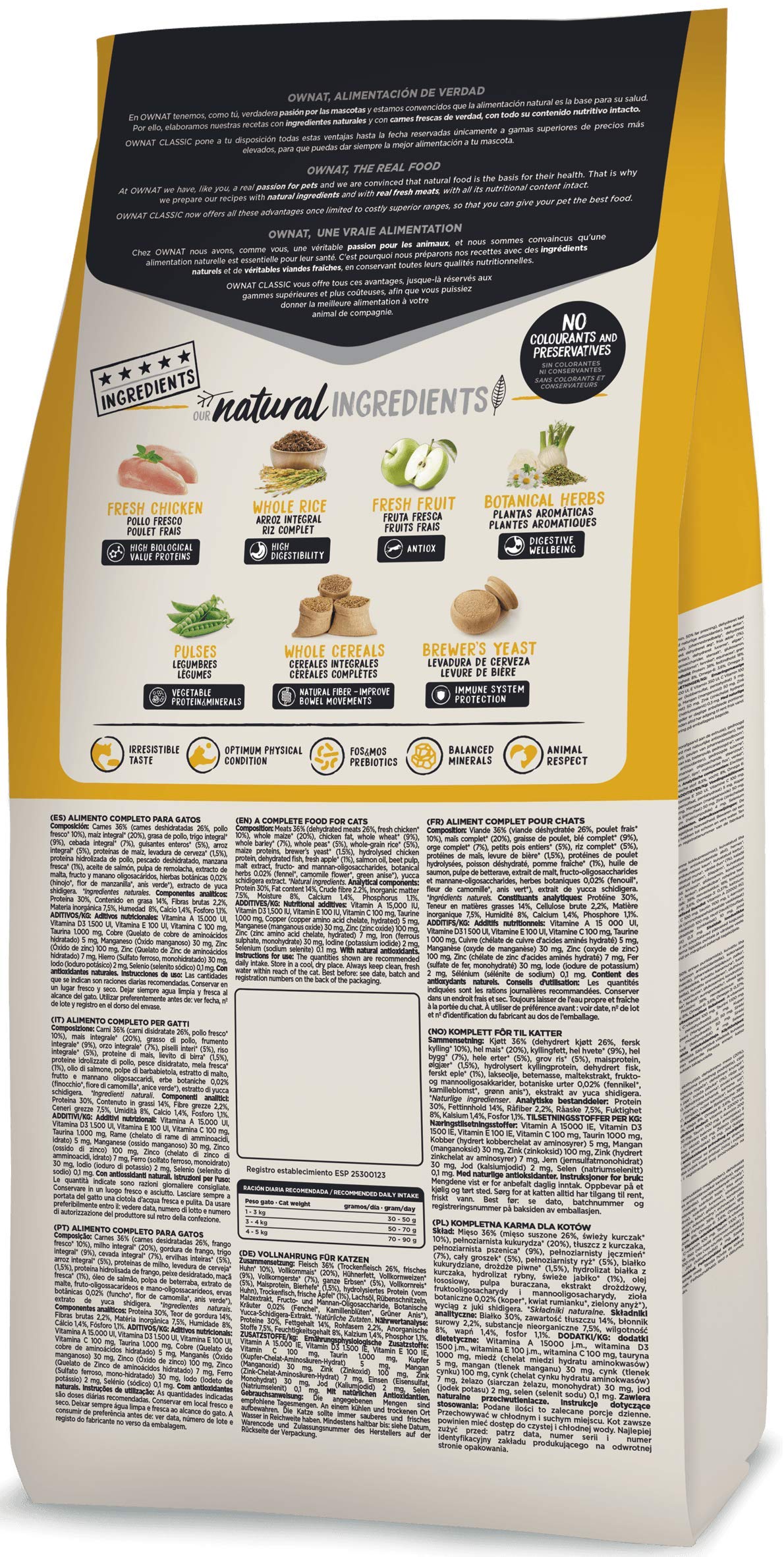 Ownat Karma dla kotów Classic Daily Care Kurczak (15 kg). Ownat dla kotów z naturalnymi składnikami bez konserwantów i barwników, wysokobiałkowa żywność.