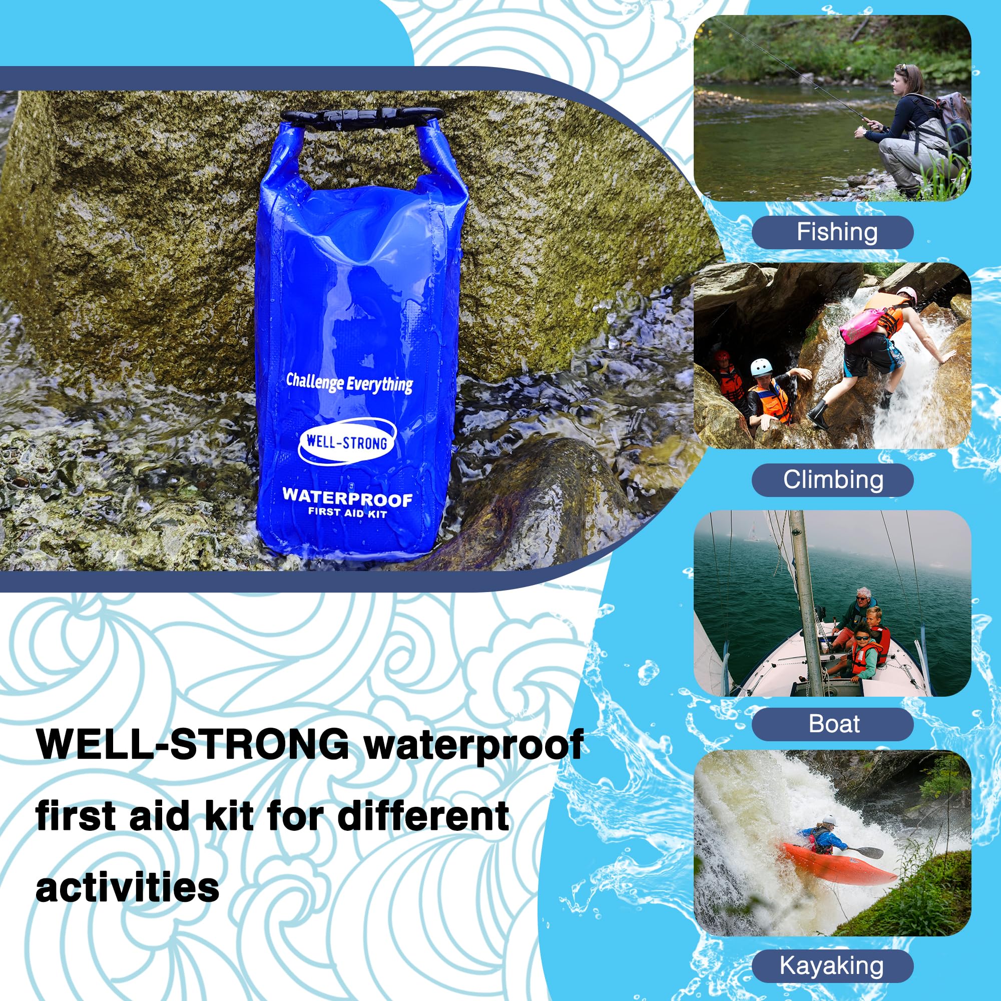 Kit de primeros auxilios impermeable, kit de emergencia para lancha enrollable con contenido impermeable para pesca, kayak, barco, natación, camping, rafting, playa, azul