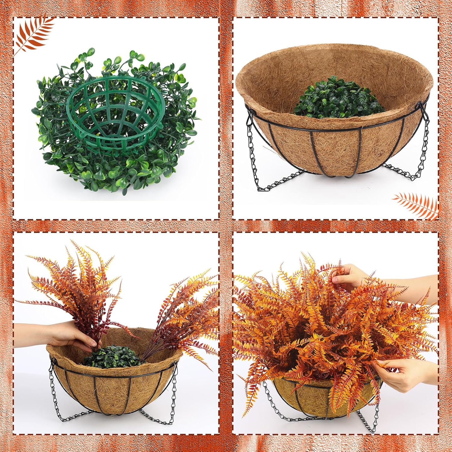 Fall Hanging Basket Artificial Boston Ferns Fall Porch Decor Outdoor Artificial Flowers 8 Bundle Faux Fern Plant Fake Silk Greenery Flower UV Resistant Realistic Shrub Bushes Autumn Home Table Decor - Image 4