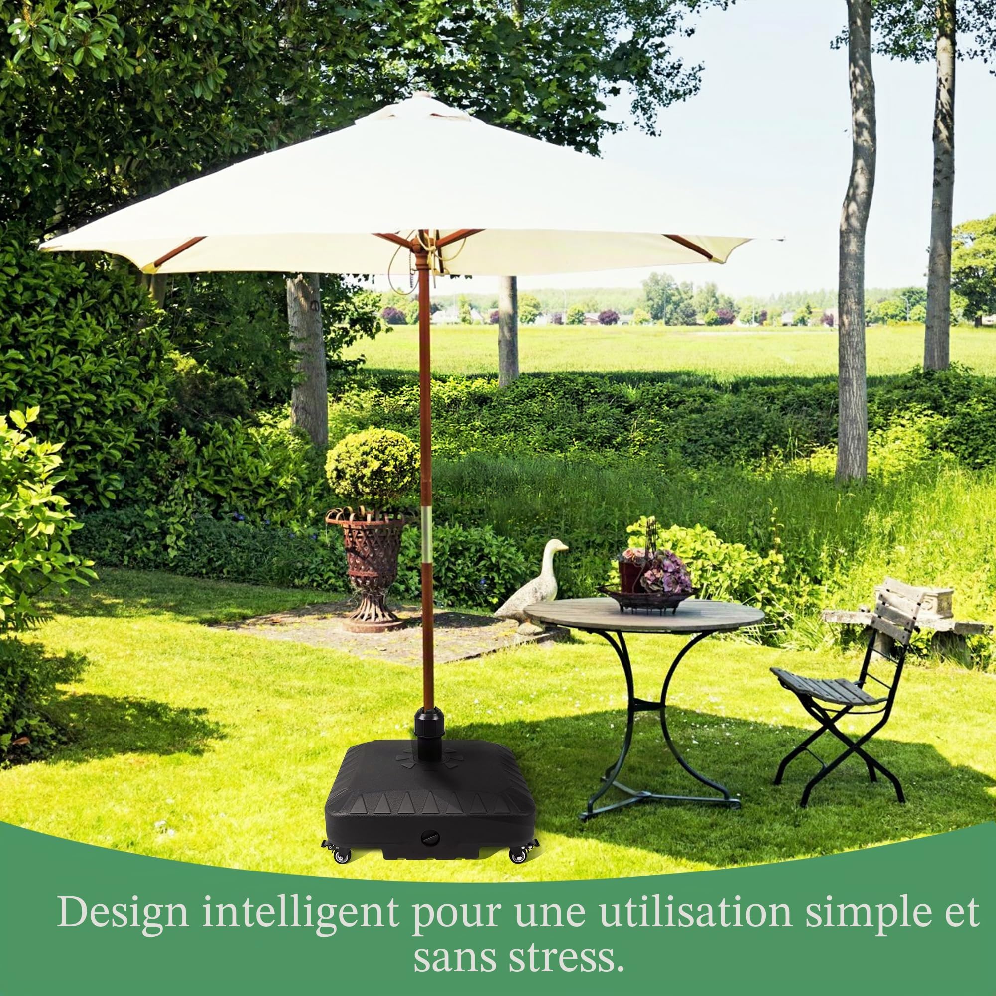Pied de parasol de qualité supérieure avec roulettes - 20 l - Remplissable avec de l'eau/sable, poids de parasol pour parasol déporté et parasol de marché, support de parasol stable pour